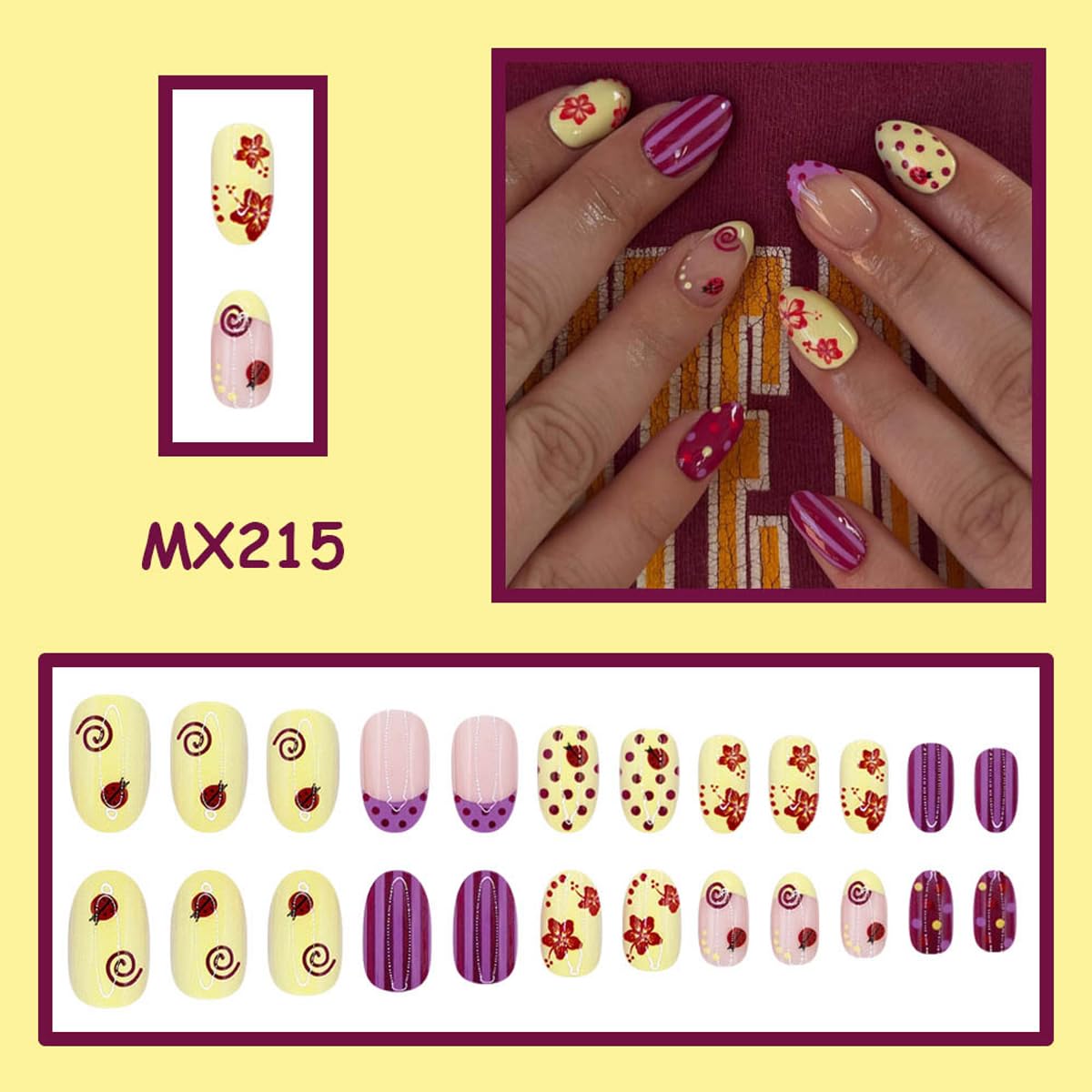 Summer Press on Nails Pink Yellow Fake Nails Short Oval False Nails with Flower Polka Dot Design Artificial Stick on Nails Full Cover Acrylic Glue on Nails for Women Girls Manicure 24Pcs
