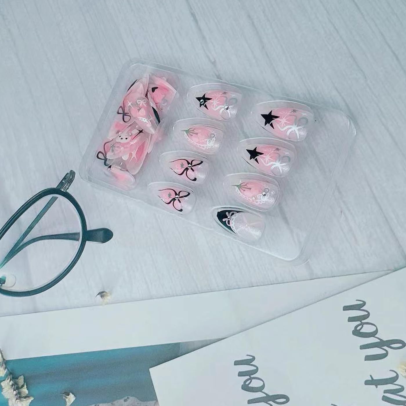 Pink Tulip Flower Press on Nails Short Almond Fake Nails Cute Bow False Nails with 3D Rhinestone Pearl Charms Designs Acrylic Nails Lovely Rabbit Stick on Nails for Women Nails Decor Supplies 24Pcs