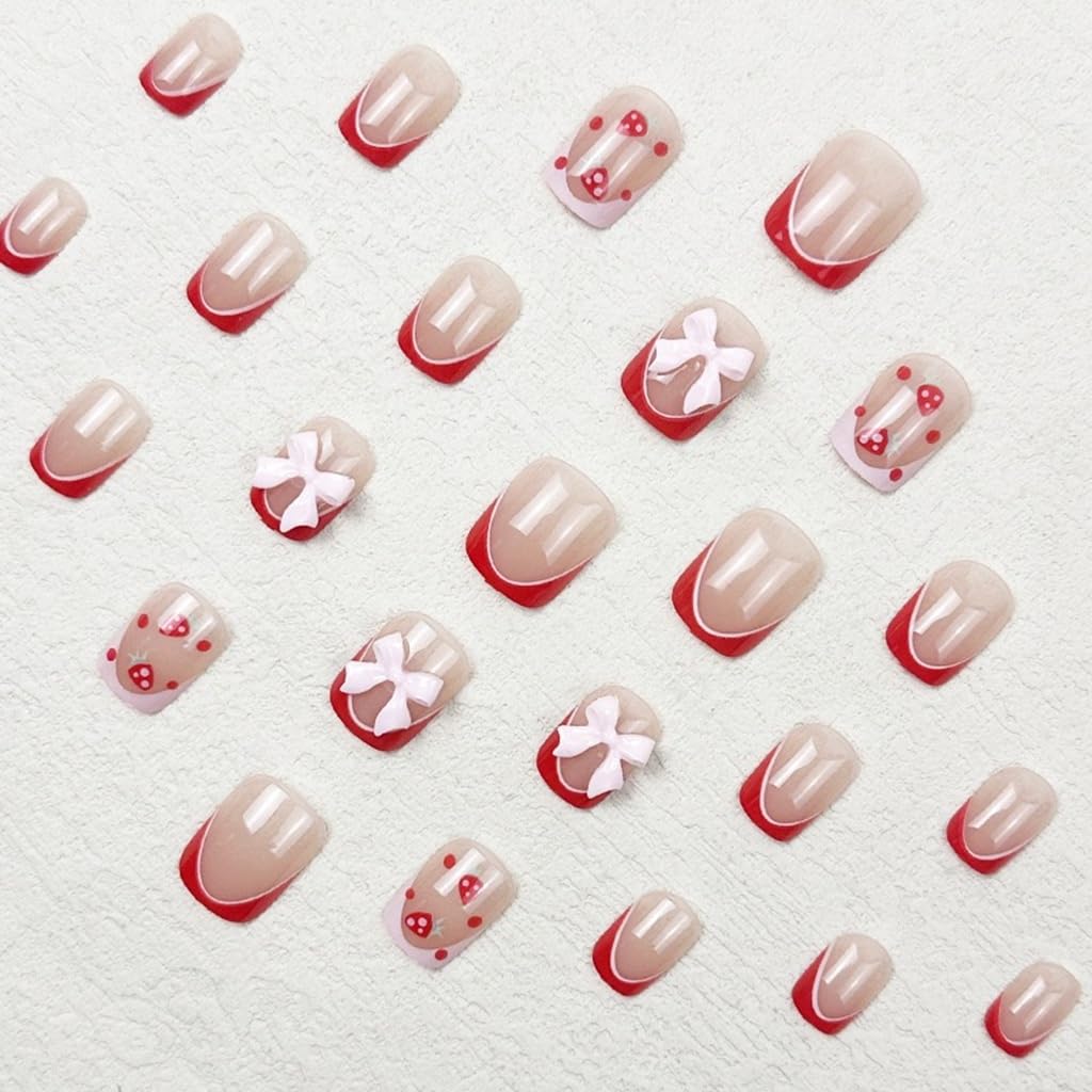 CTTHNBD Press on Nails Short - Square Fake Nails with Strawberry Design - Red French Tip False Nails Press ons - for Women 24 Pcs