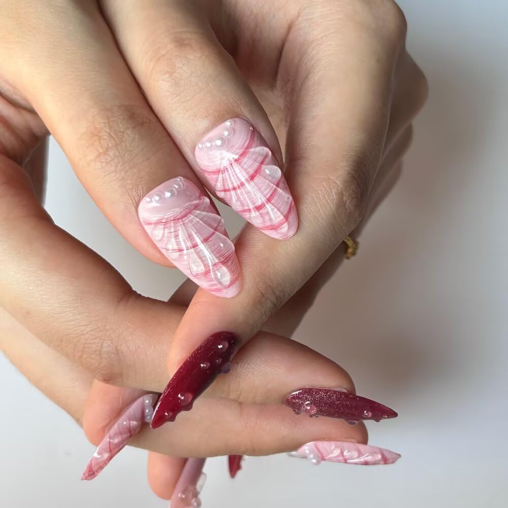 10 Pcs Press on Nails Medium Almond Fake Nails, 3D Pink Shell Design Full Cover Stick on Nails, Handmade Artificial Acrylic Nails for Women with Nails File Set (Size S)