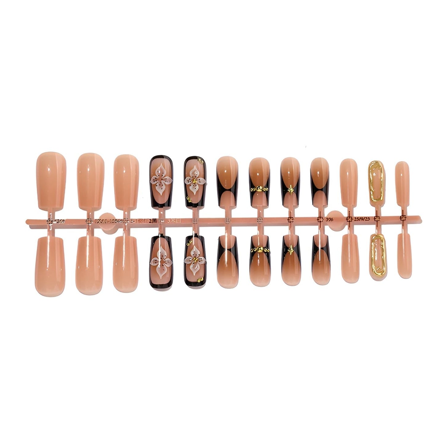 24Pcs Flower Press on Nails Medium Square Fake Nails Brown Nails Press Ons French Tip False Nails Glossy Glue on Nail with Gold Rhinestones Design Gradient Stick on Nail for Women Set