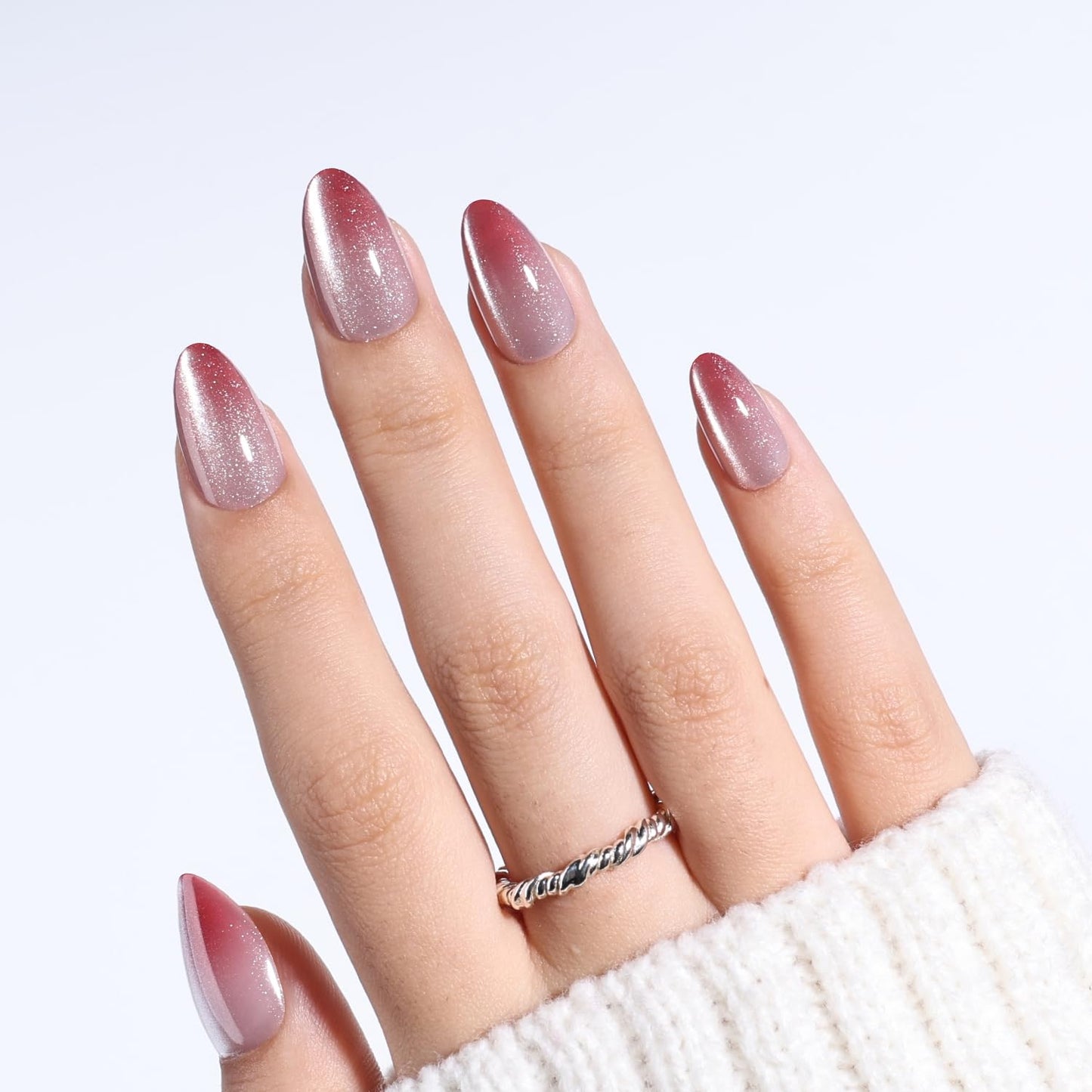 Leefrei Cat Eye Press On Nails Short Almond - Soft Red White Gradient Shimmer Nails Press ons, Reusable Glue On Nails for Women, 16 Sizes 32 Pieces Nail Kit with Glue, Rose Catseye Fade