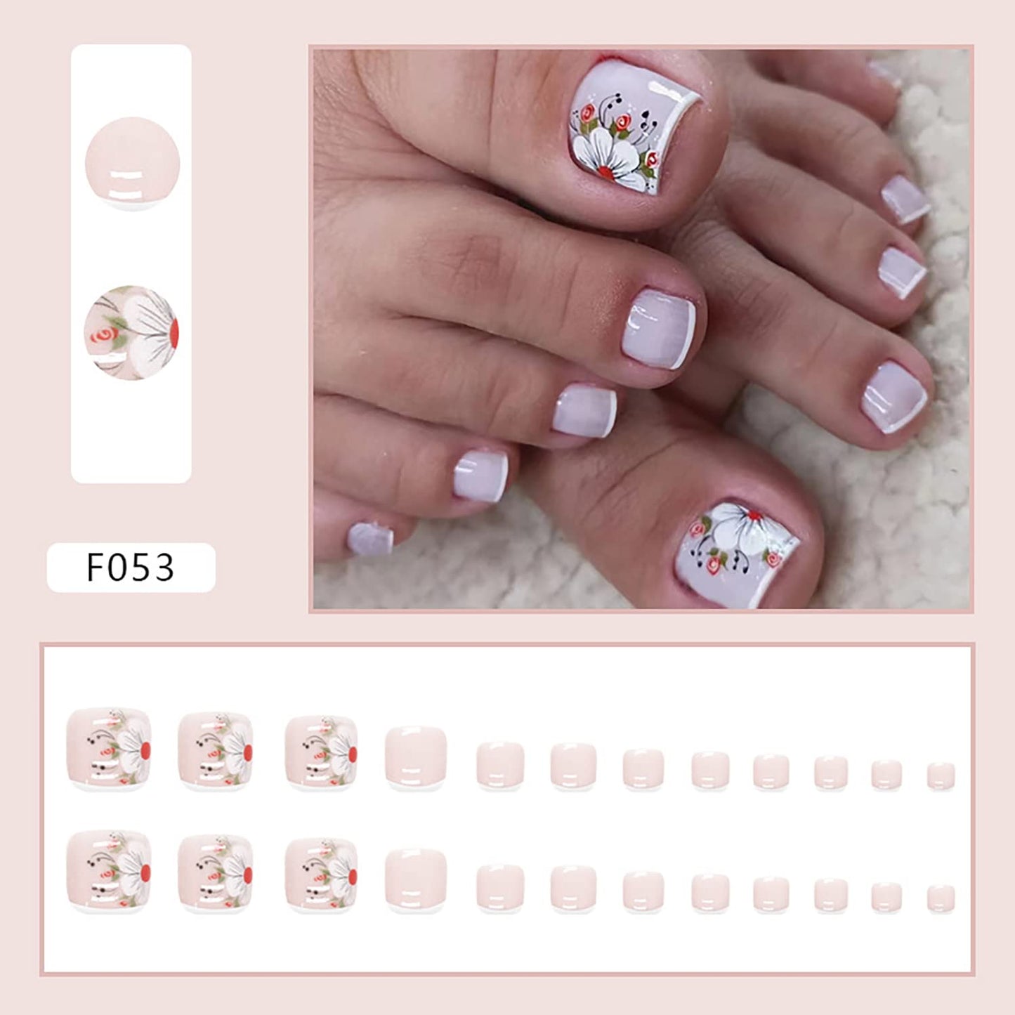 Artificial Acrylic Fake Nails for Toe, Full Cover Reusable False Toenails with Designs, Stick on Toenails for Women, Toe Press on Nails with Designs, Peel and Stick Nail Polish Designs for Toe