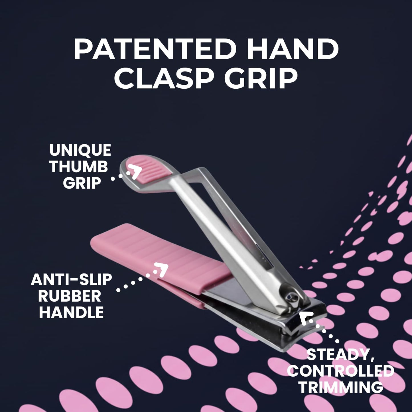 HANDCLASP Nail Clippers, Stylish, Comfortable for Seniors, Fingernails, Premium Stainless Steel, Curved Edge, Wide Jaw, Ergonomic, Thumb Rest, Comfort Cuts, Women, Men, Teens, Special Needs, (Pink)