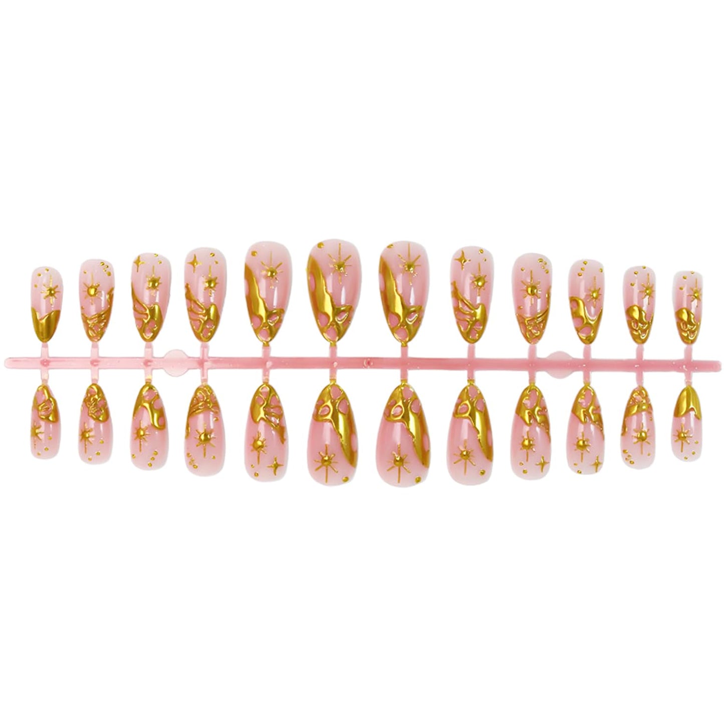 24Pcs Chrome Gold Press on Nails Short Almond French Tip Fake Nails 3D Gold Irregularity Line Designs False Nails Punk Star Stick on Nail Nude Glossy Full Cover Gilded Acrylic Glue on Nails for Women