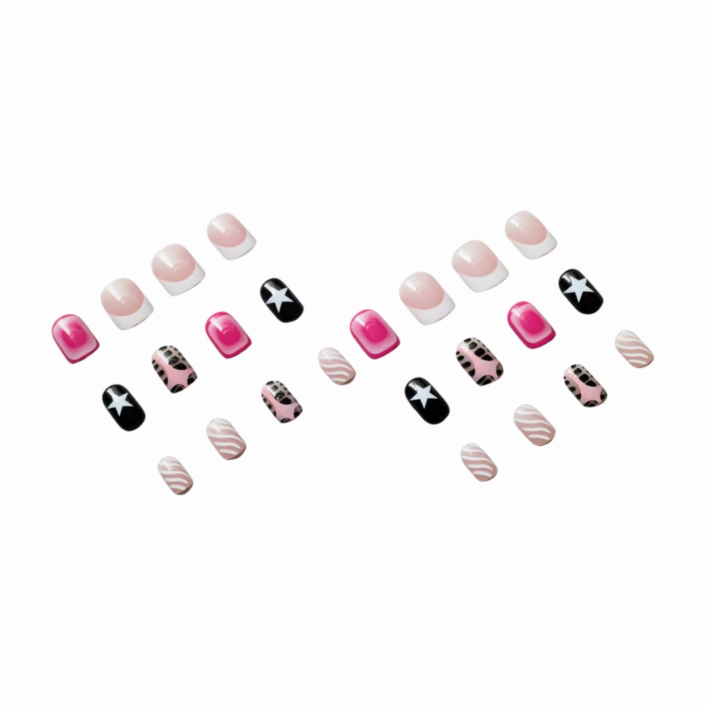 BABALAL Acrylic Press on Nails Short Square Fake Nails Pink Black Glue on French Tip Star Y2k False Nails with Design Press-ons 24Pcs Cute Squoval Artificial for Women Girls