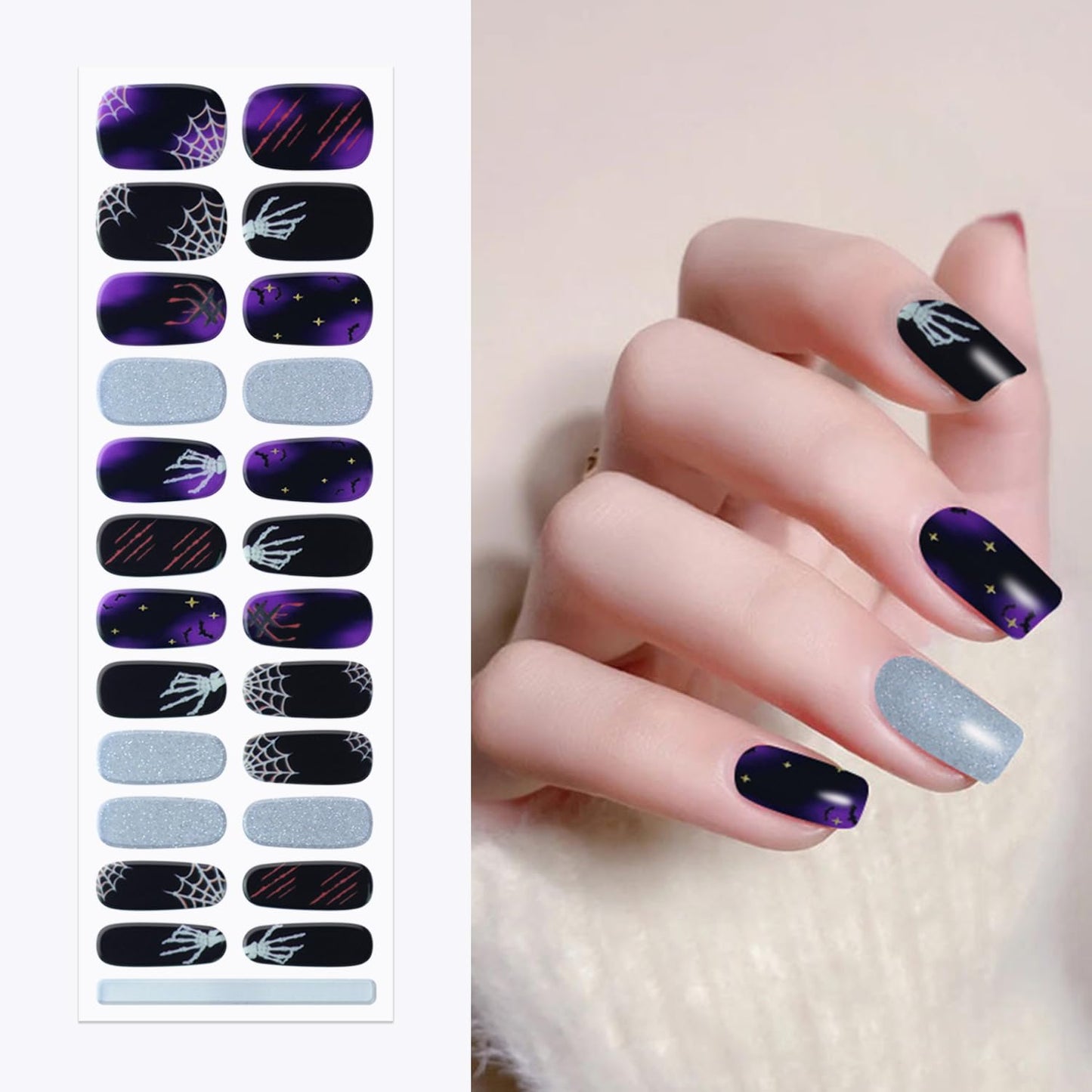 DANNEASY 24 Pieces Halloween Semi Cured Gel Nail Strips Glow in The Dark Gel Nail Stickers Full Nail Wraps Spider Web Bat Skeleton Manicure Design with Nail File, Cuticle Stick