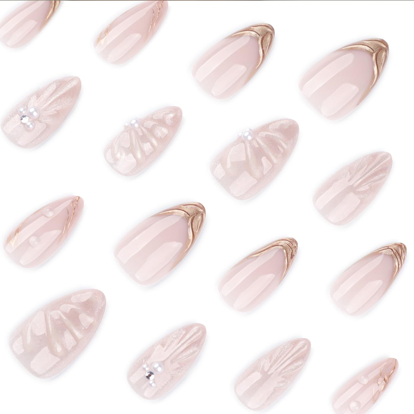 3D Press On Nails Soft Gel Reusable, 24PCS Luxury Pearl Sculpted Almond Fake Nails, Gold French Tips Artificial Nails, Glue-On Nails for Women, Acrylic Look, Salon Quality