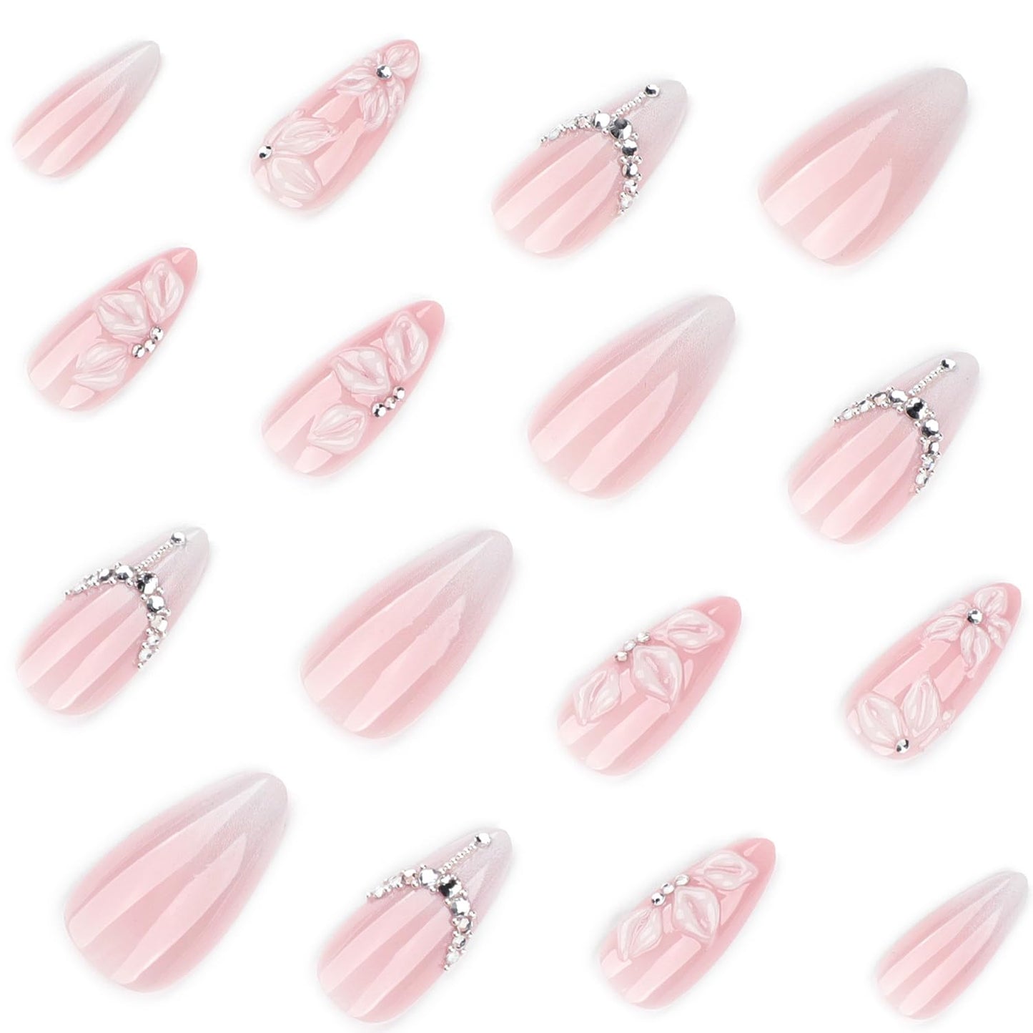 White 3D Flower Press On Nails Medium Almond Fake Nails With Rhinestone Designs Acrylic Nail Press Ons French False Nails Reusable Stick On Nail Glossy Glue On Nail For Women 24Pcs