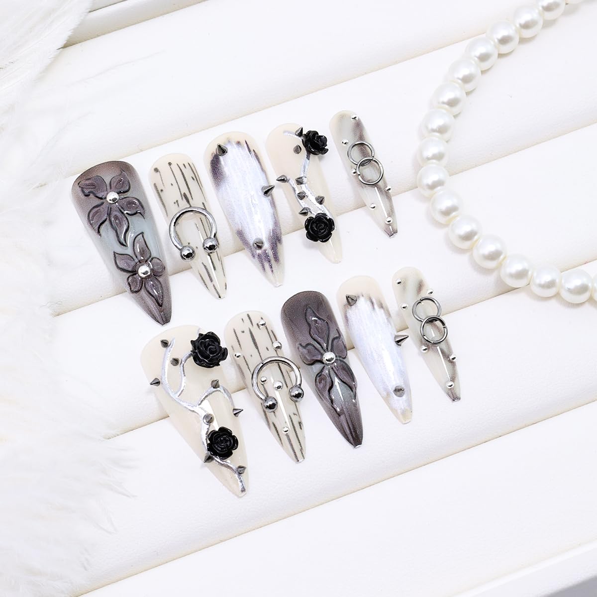 24Pcs Black Handmade Press on Nails Long Stiletto Gothic Fake Nails with 3D Black Rose Metal Piercing Rivets Design Punk Acrylic Nails Y2k Almond False Nails Goth Flower Glue on Nails for Women