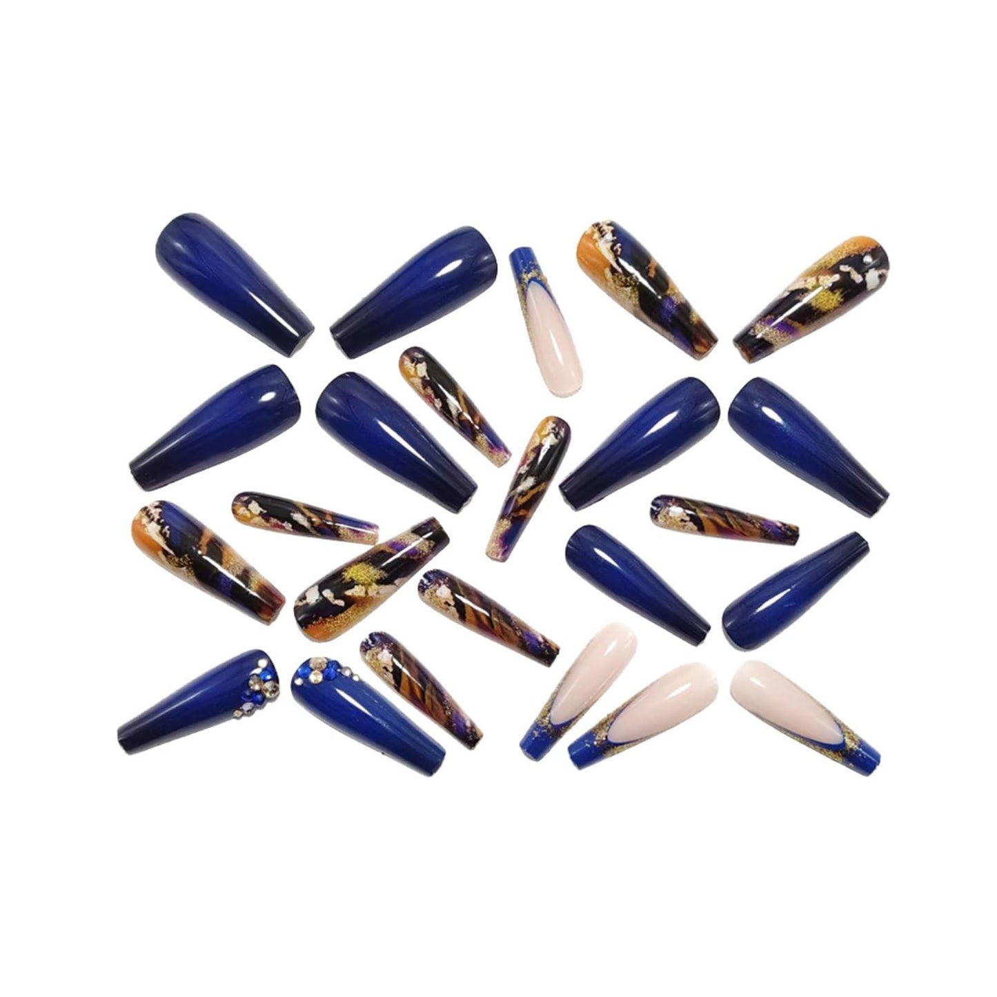 Long Coffin Press on Nails French Tip Fake Nails Dark Blue Marble with Gold Glitters Rhinestones Design Acrylic Nails Full Cover Glue on Nails Blue-black Gradient Stick on Nails for Women 24Pcs