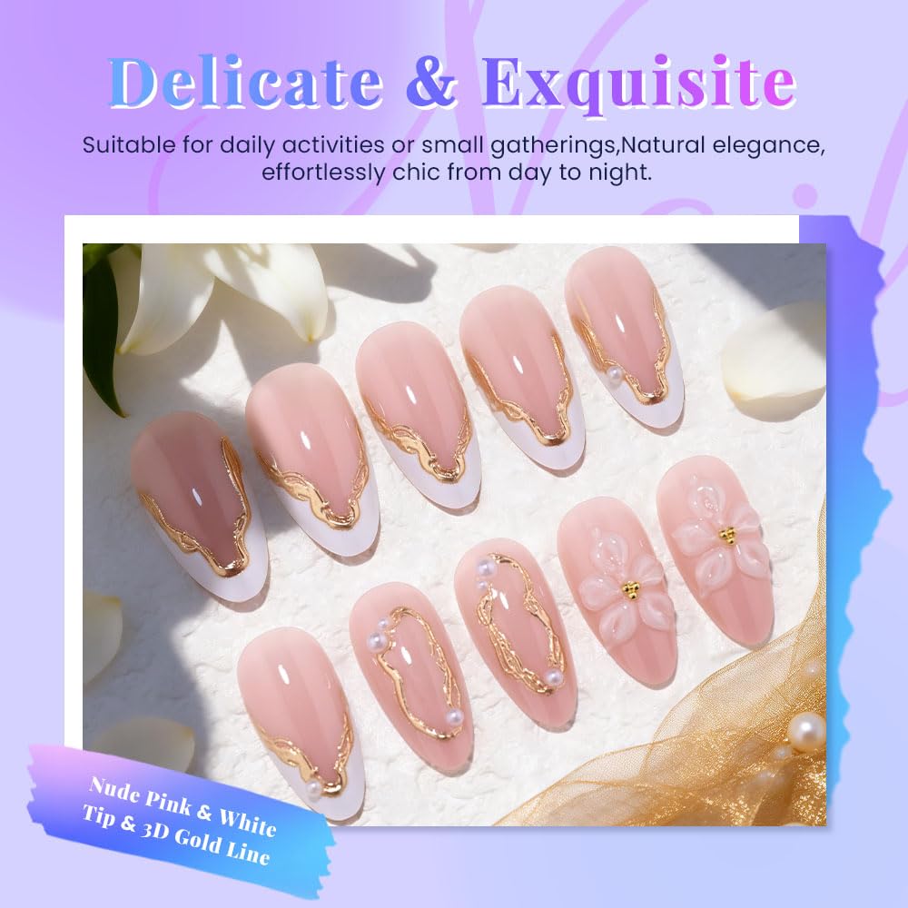 evpct Nude Pink French Press on Nails Short Almond No Glue, 3D Gold LineWhite French Tip Stick on Nails for Women, Reusable Full Cover Soft Press on Fake Nail Perfectly Fit with 3D Flower Design