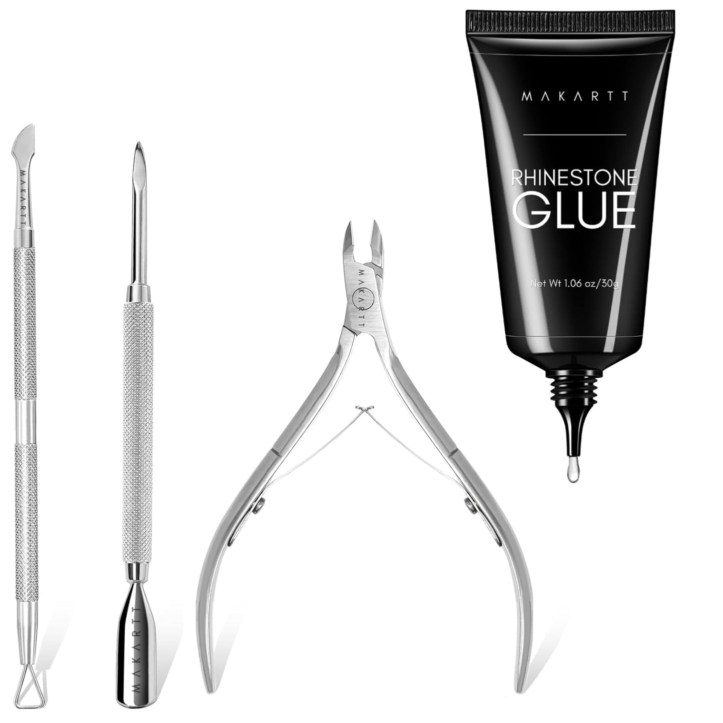 Makartt Nail Rhinestone Glue for Nails, Super Strong Gel Nail Glue for Nail Charm 3D Bundle with Cuticle Trimmer with Cuticle Pusher, Silver Nail Trimmer Nail Care Manicure and Pedicure Kit