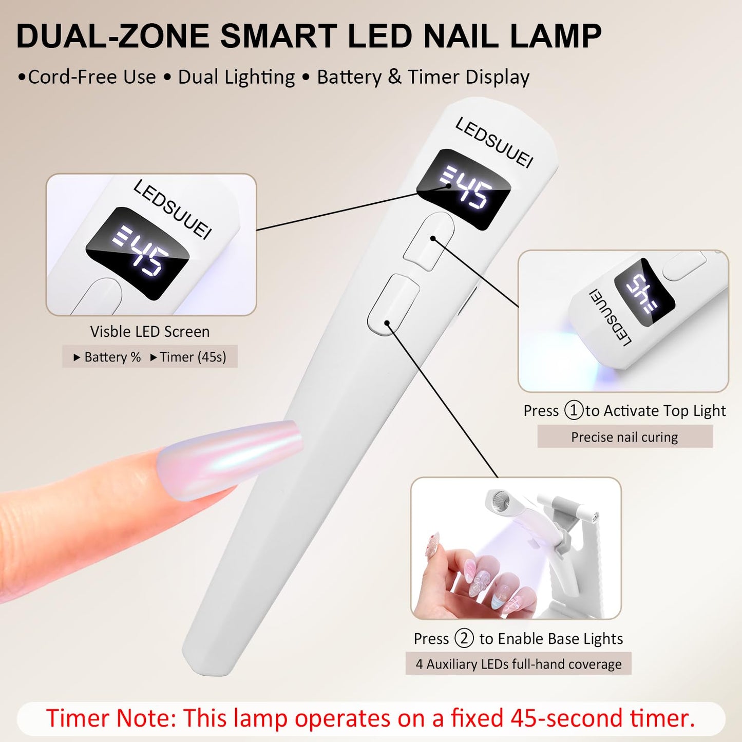 2-in-1 Dual-Zone UV Nail Lamp for Gel Polish, LEDSUUEI Handheld UV Light for Gel Nails, 400mAH Rechargeable Portable LED Display Nail Lamp Fast Flash Cure Nail Dryer for DIY Manicure Home Salon Travel