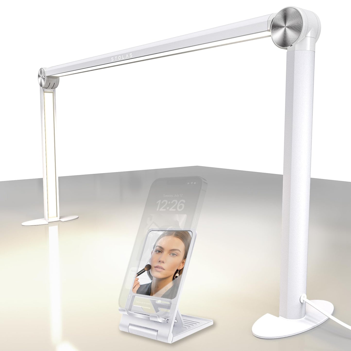STOLAS Half Moon Light for Nail Desk with Phone Holder, 14 inch Height 3 Modes 3000K-6000K Dimmable LED Light, Desk Lamp for Nail Tech (White)