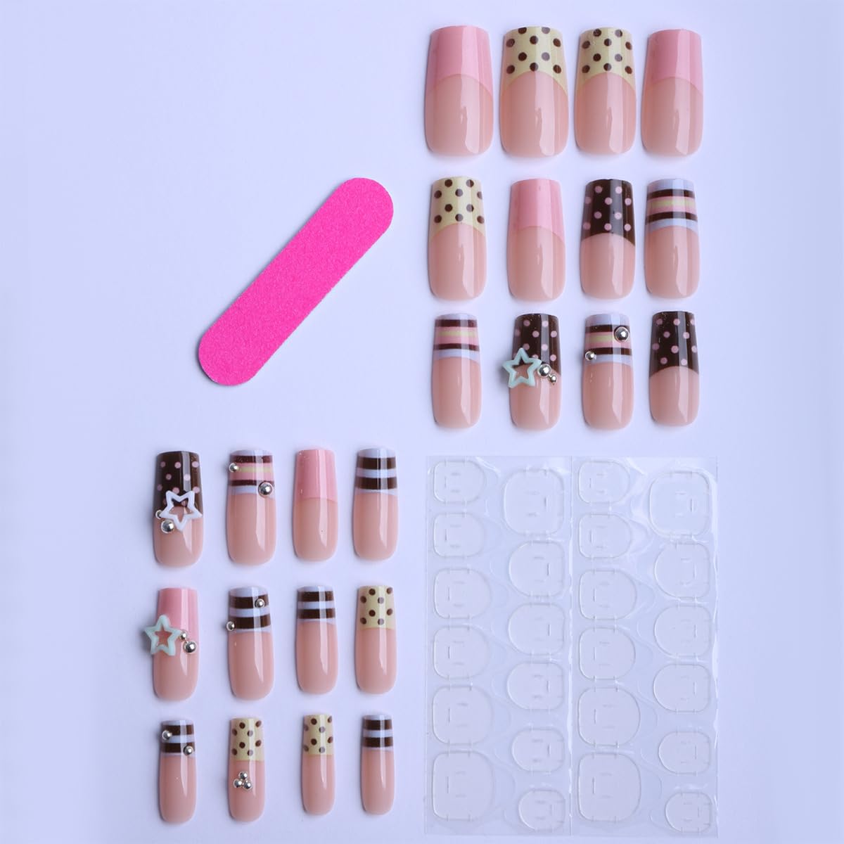 plalely Press on Nails French Tip, Handmade Acrylic Press on French Tip Nails with Flower Designs，Long Square Nail Press Ons for Women 24pcs
