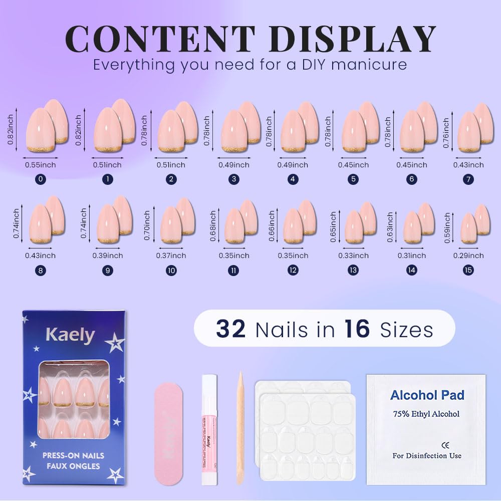evpct Nude Pink French Press on Nails Short Almond, Short Gold Foil Stick on Nails for Women Gift,Nude Pink Glossy Fake Nail Reusable Soft Gel Press on Acrylic Fake Nail kit with Gold Line Design