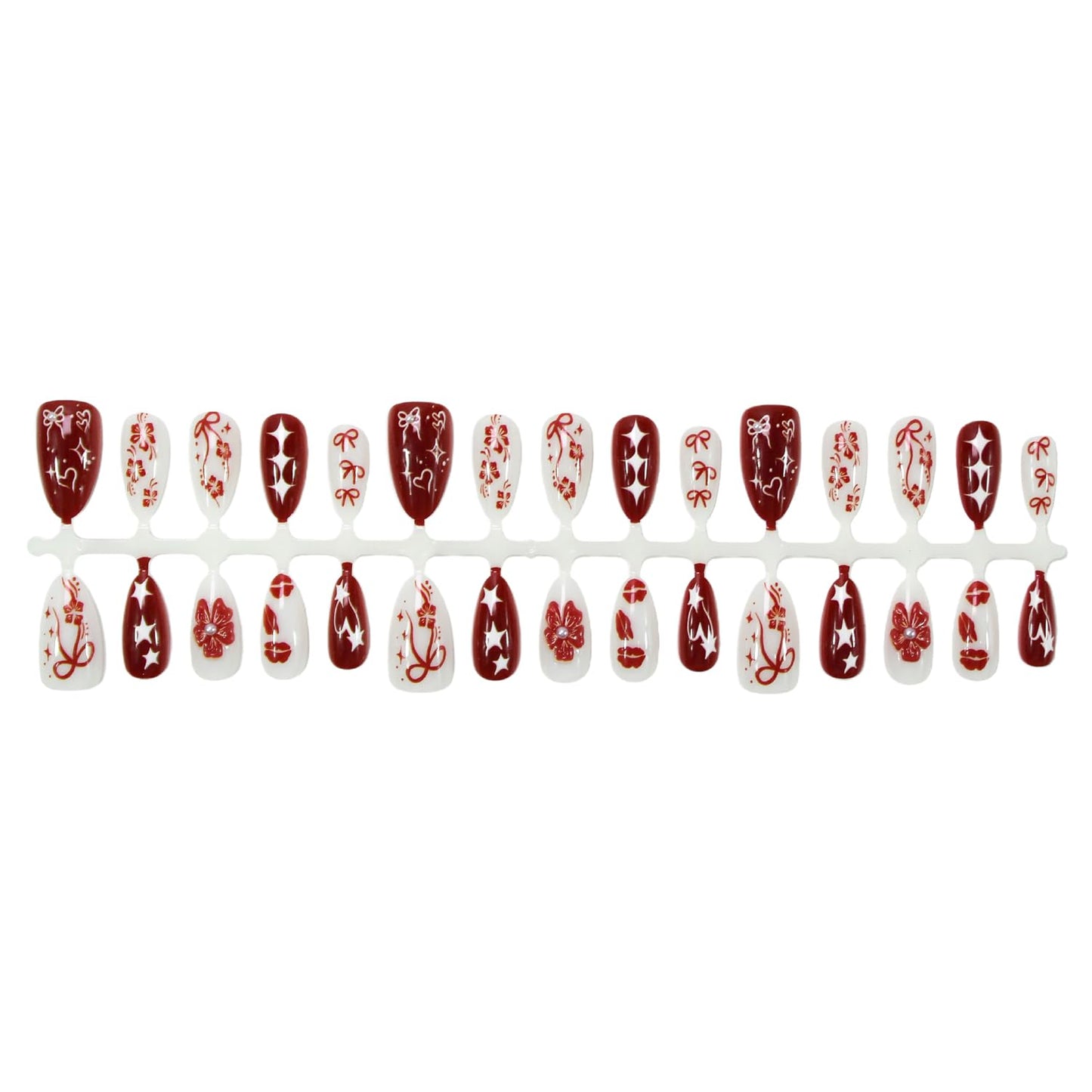 30Pcs Red Press on Nails Almond Medium Fake Nails with 3D Star Bow Flower Lip Design French Acrylic Nail Tip Glossy Full Cover Artificial Nails for Women DIY Manicure Supplies Daily Wear