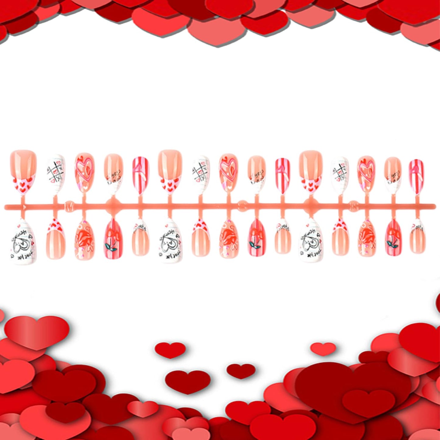 30Pcs Valentines Press on Nails Short Artificial Almond Acrylic Fake Nails French 3D Translucent Love Stick on Nail Full Cover Love Reusable Coffin Artificial Fingernails for Women Festival Manicure