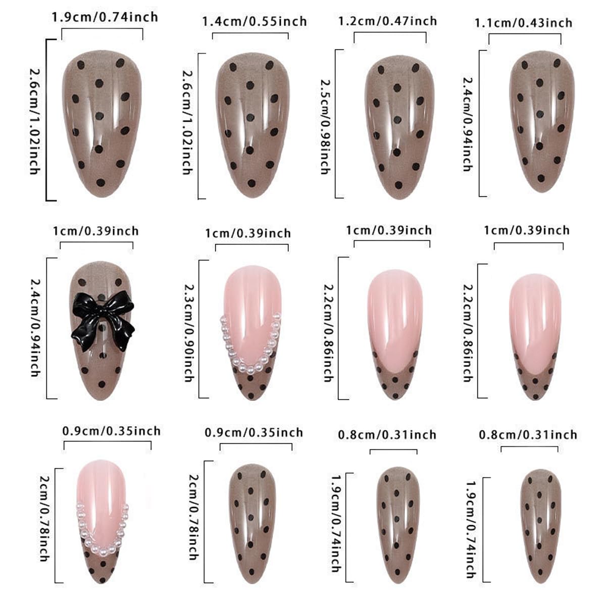 Polka Dot Press on Nails - Medium Almond Fake Nails with 3D Bow&Pearl Designs Brown False Nails French tip Glue on Nails Reusable Full Cover Stick on Nails for Women Manicure 24Pcs