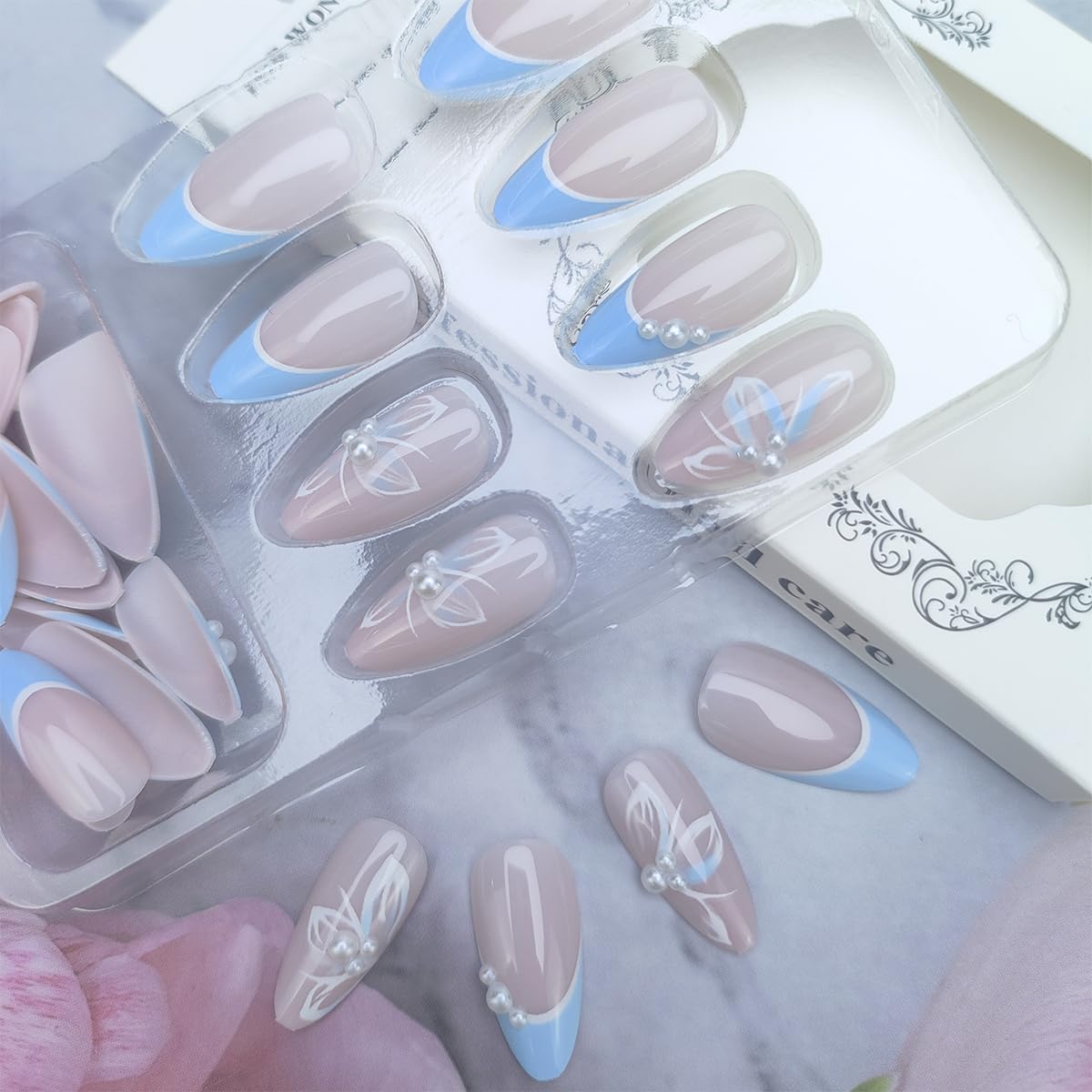 24Pcs Blue French Tip Press on Nails Almond Medium Fake Nails White Butterfly with Pearl Design Glue on Nails Glossy Nude Pink Acrylic Nails Summer Nails Press ons Reusable Stick on Nails for Women