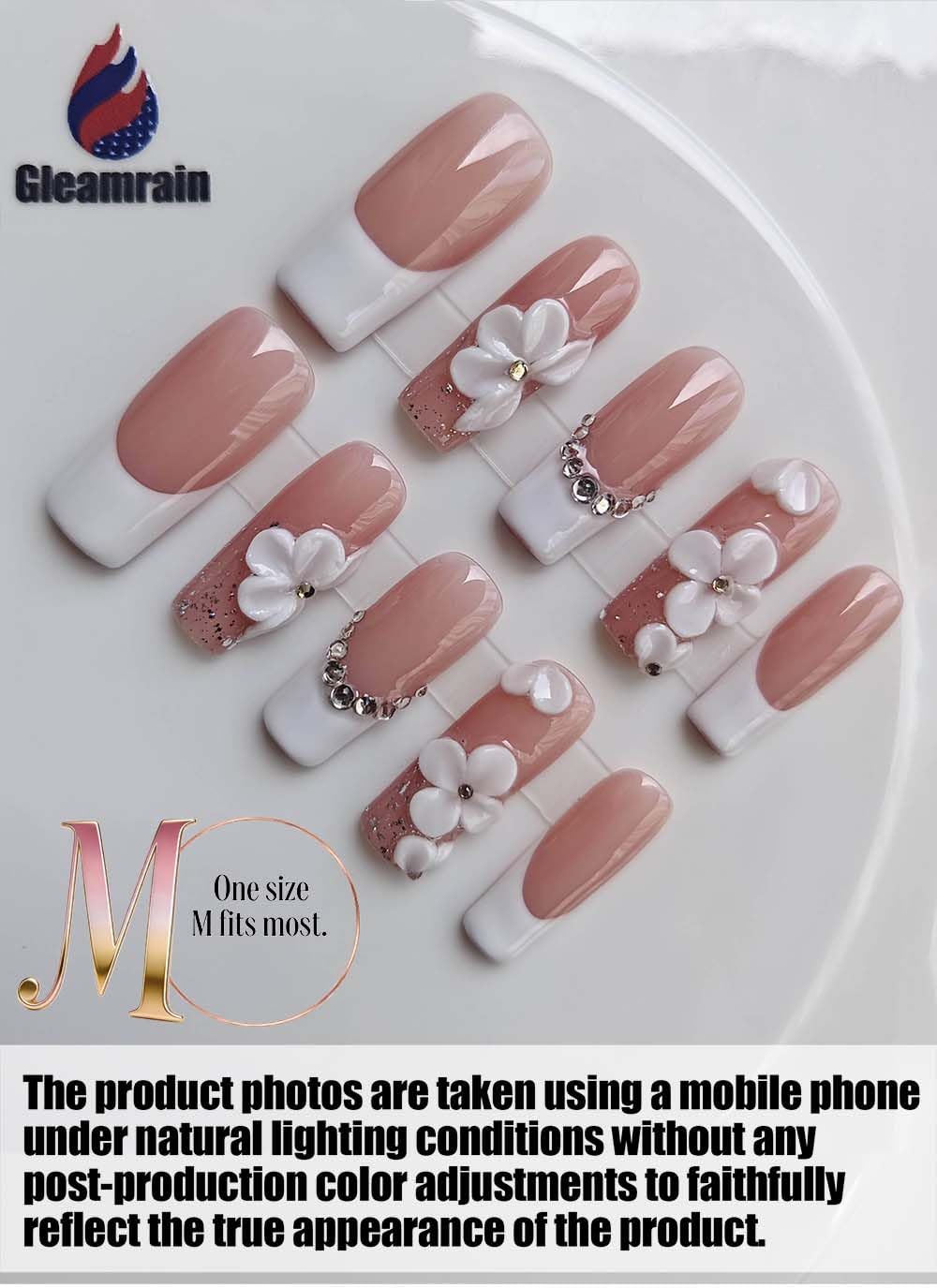 Gleamrain 10pcs Handmade Long Press-on Nails Coffin Shape (M Size) with 3D Flower Designs Nude French Nails Press Ons for Women Suitable for Vacation, Beach Proms, Parties or Daily Wear, D107