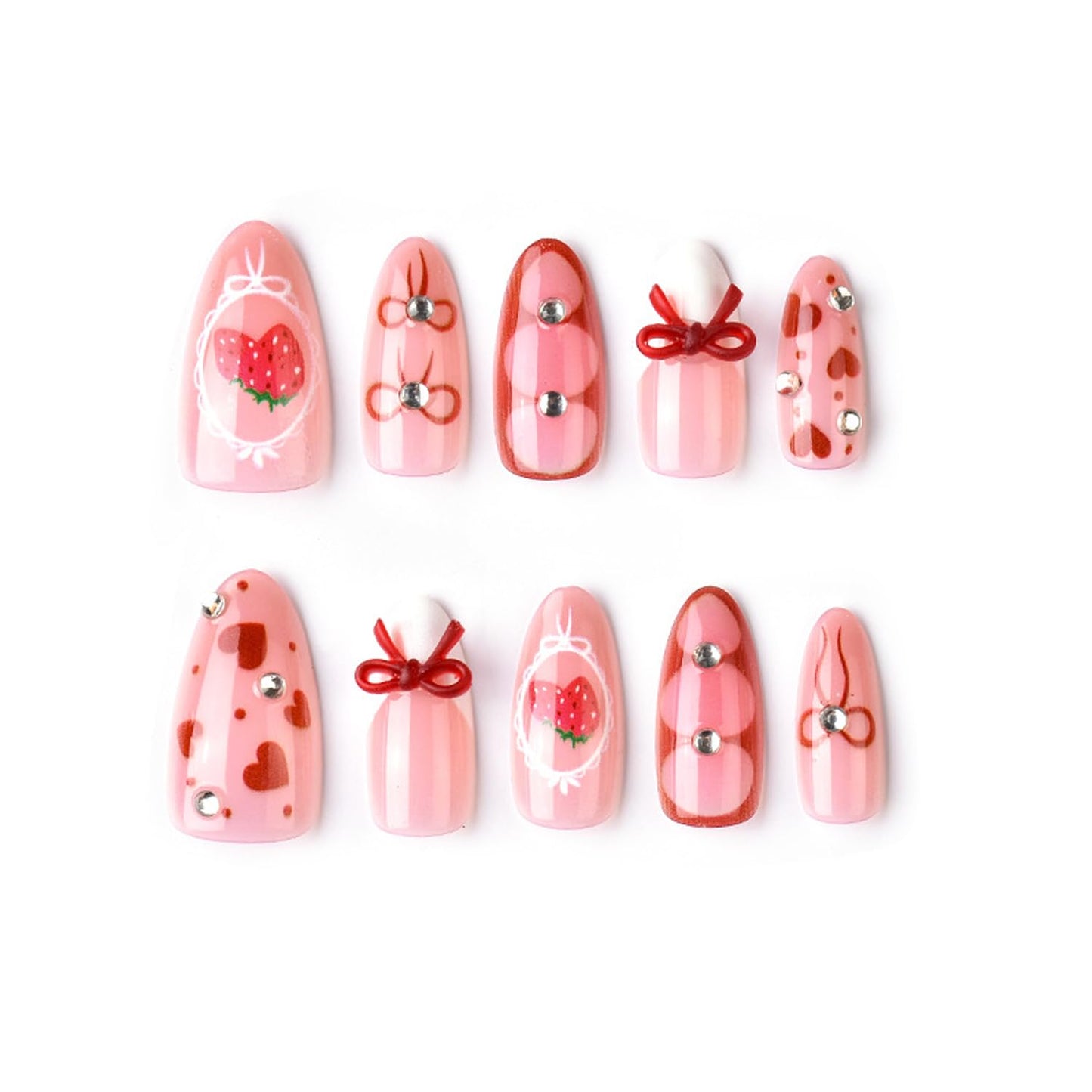 30Pcs Red Heart French Tip Press on Nails Valentine's Sweet Strawberry Medium Almond Fake Nails with 3D Rhinestones Design French Nails Handmade Romantic Bow Stick on Nails for Women