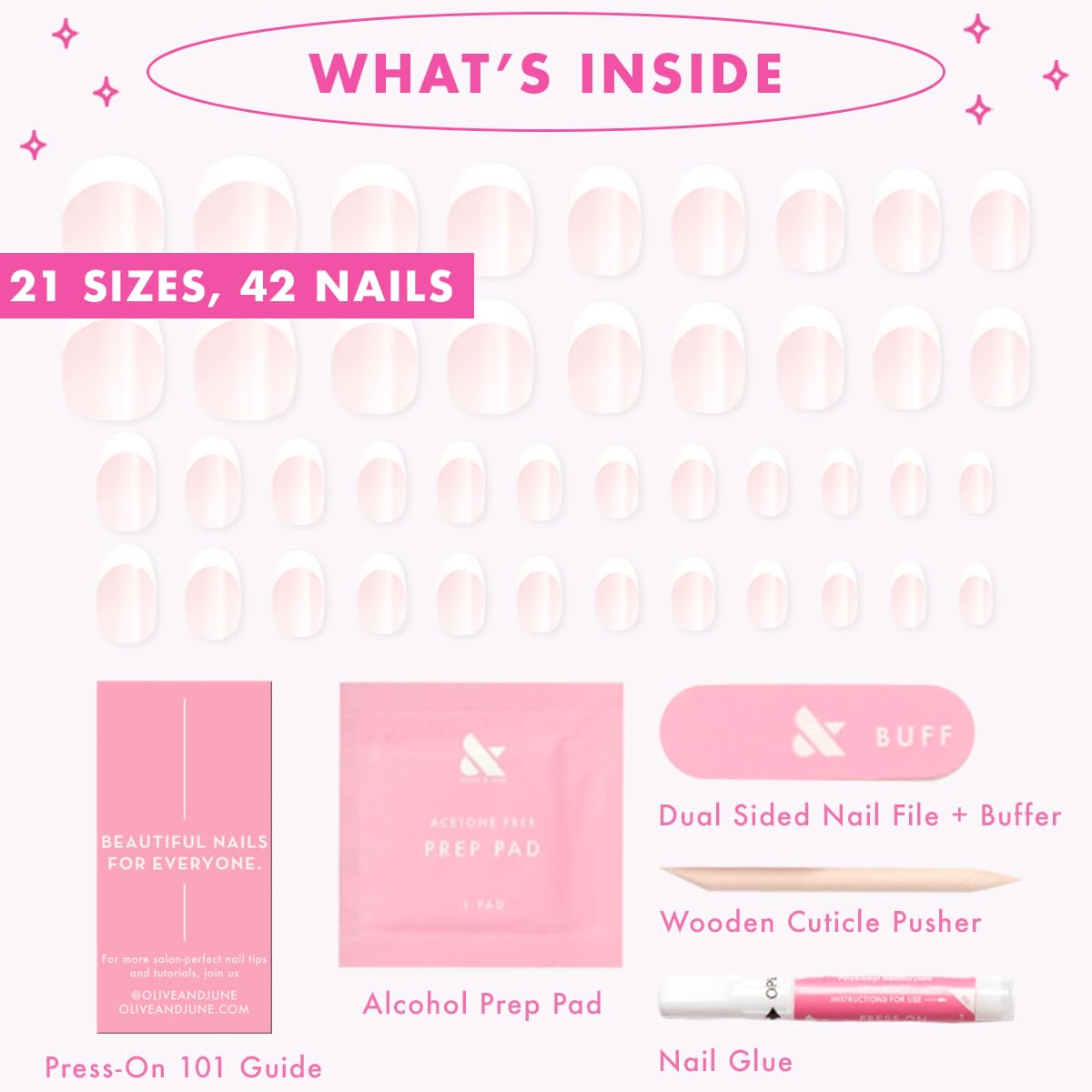 Olive & June Instant Mani Press-On Nails (Glue) | 42 Fake Nails, 21 Sizes | Non-Toxic Long-Lasting Recycled Materials Realistic Look | Salon-Quality at Home | Short, Round | Timeless French