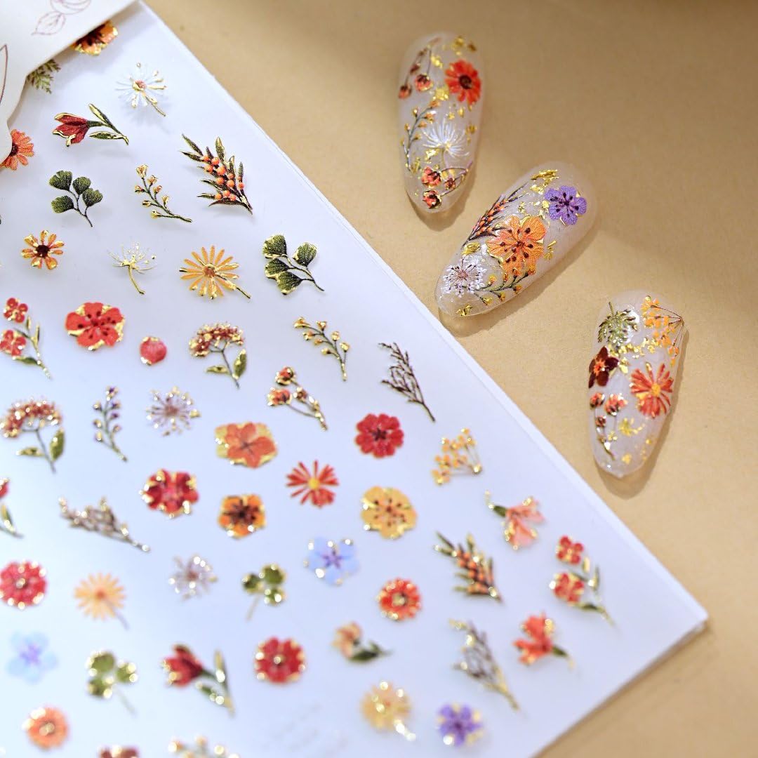5D Embossed Flower Nail Art Stickers Decals Fall Nail Decals Self-Adhesive Autumn Floral Nail Supplies Nail Art Design for Women Girls Nail Decoration Accessories