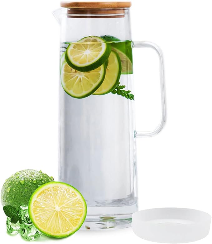 hjn Glass Pitcher with Lid Glass Water Carafe with Handle, Fridge Water Jug Cold or Hot Beverages, Iced Tea, Milk, Juice 1500ml/51oz & bamboo lid