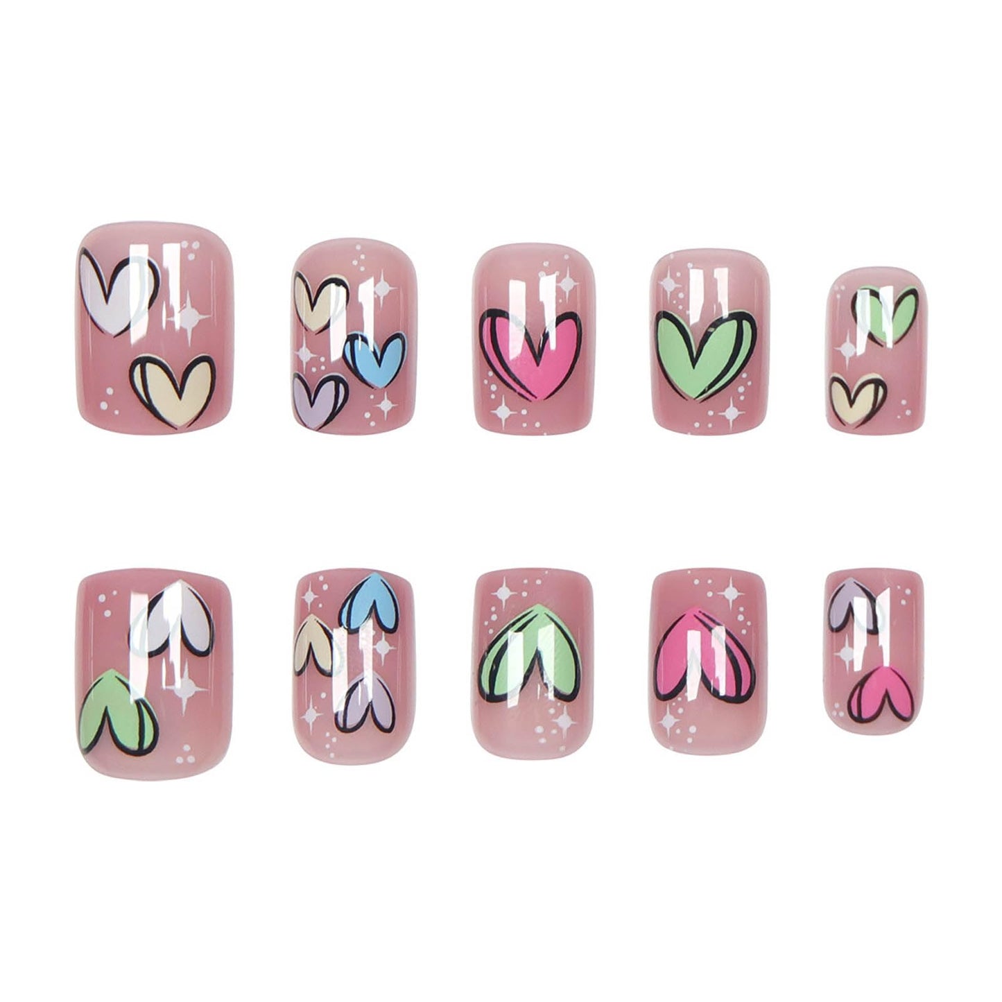 Rilafuvu Short Press on Nails Square Fake Nails Colorful Heart Short Glue on Nail with Design Square False Nails Pink Full Cover Acrylic Nails 24Pcs Stick on Nail for Women Girls