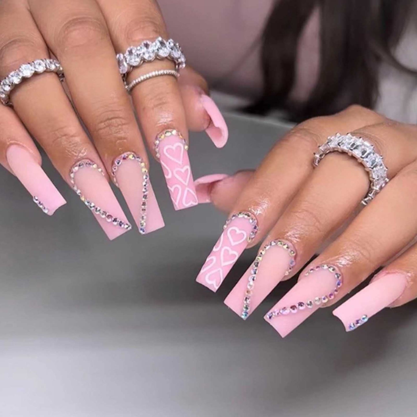DANMANR Long Press on Nails Square French Fake Nails Full Cover Nude Acrylic False Nails for Women and Girls 24PCS (Pink Heart)
