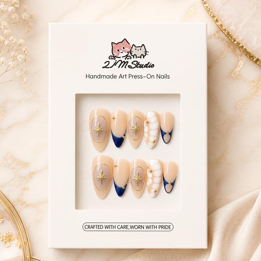 2IM Studio Handmade Press On Nails, Elegant Nude 3D Floral French Tip with Pearl Rhinestones, Almond Medium Length Full Cover Thick Reusable Acrylic Nail Kit for Women 10PCS (Midnight Muse-S)