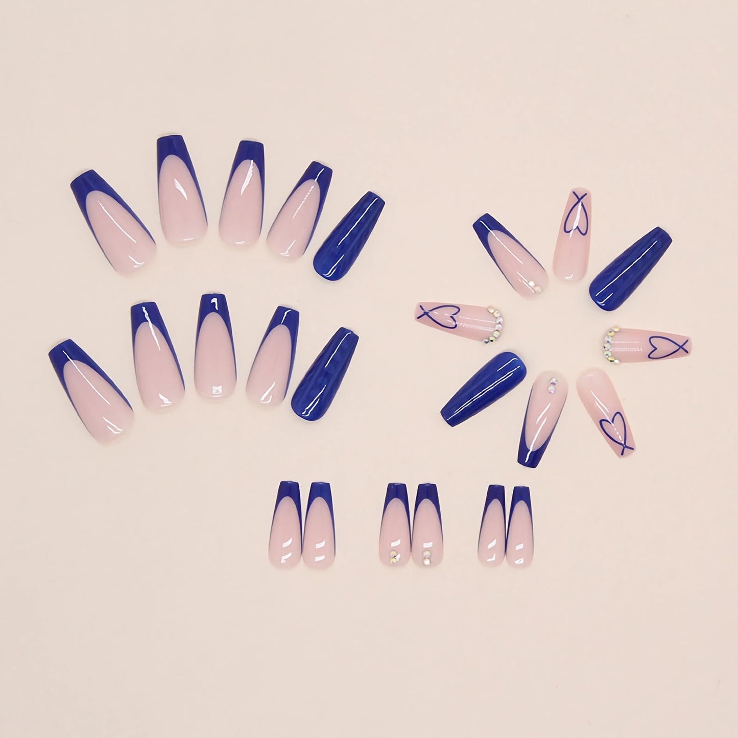 BABALAL Coffin Press on Nails Long Fake Nails Blue French Tip Heart Glue on Nails Rhinestone Ballerina Acrylic Nail for Women and Girls 24Pcs Valentines Press on