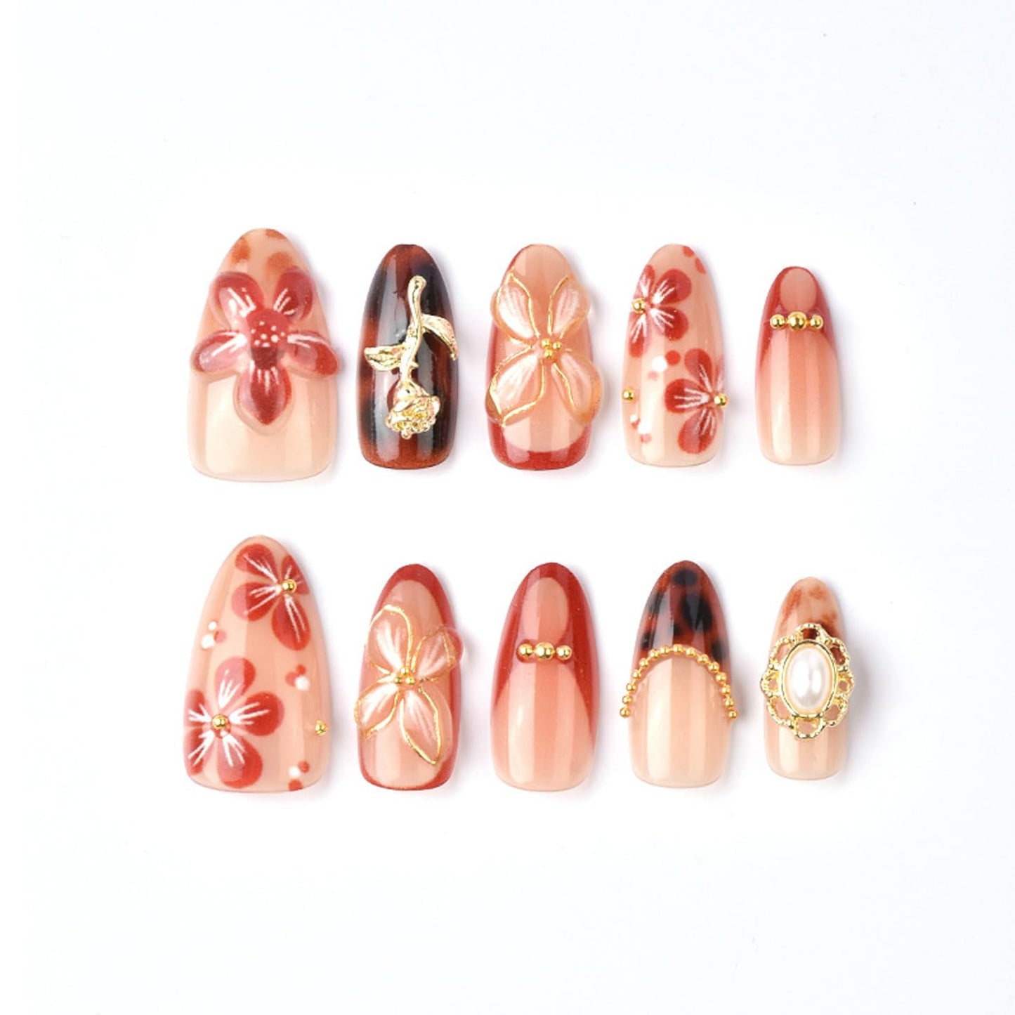 30Pcs Flower Press-On Nail Set Medium Almond Fake Nails with 3D Floral Rose Gold Beads Rhinestones Designs French Tip False Nails Handmade Press on Glue on Nails Gift for Women and Friends