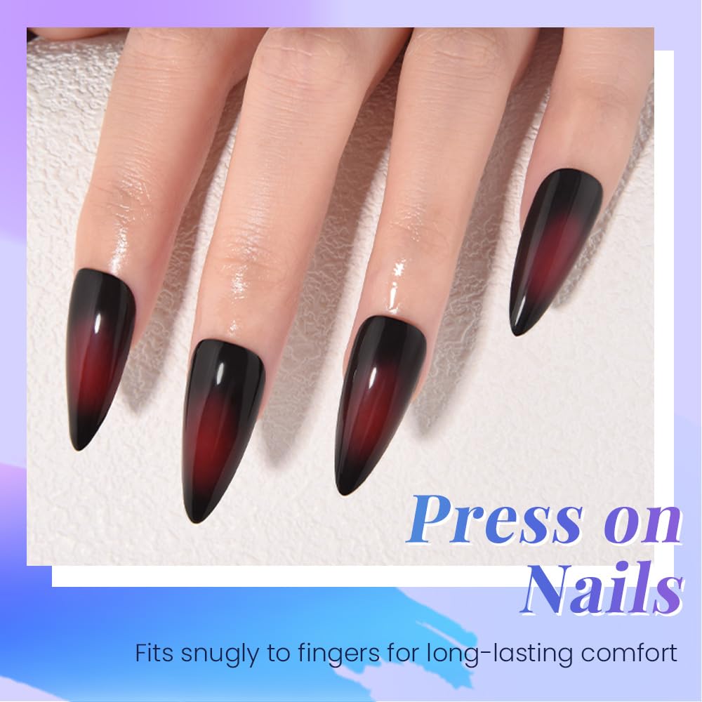 evpct Ombre Dark Red Press on Nails Medium Almond, Medium Almond Glossy Stick on Nail for Women Gift with Manicure Kit, Reusable Full Cover Soft Stick on Fake Nail with Ombre Design Perfectly Fit