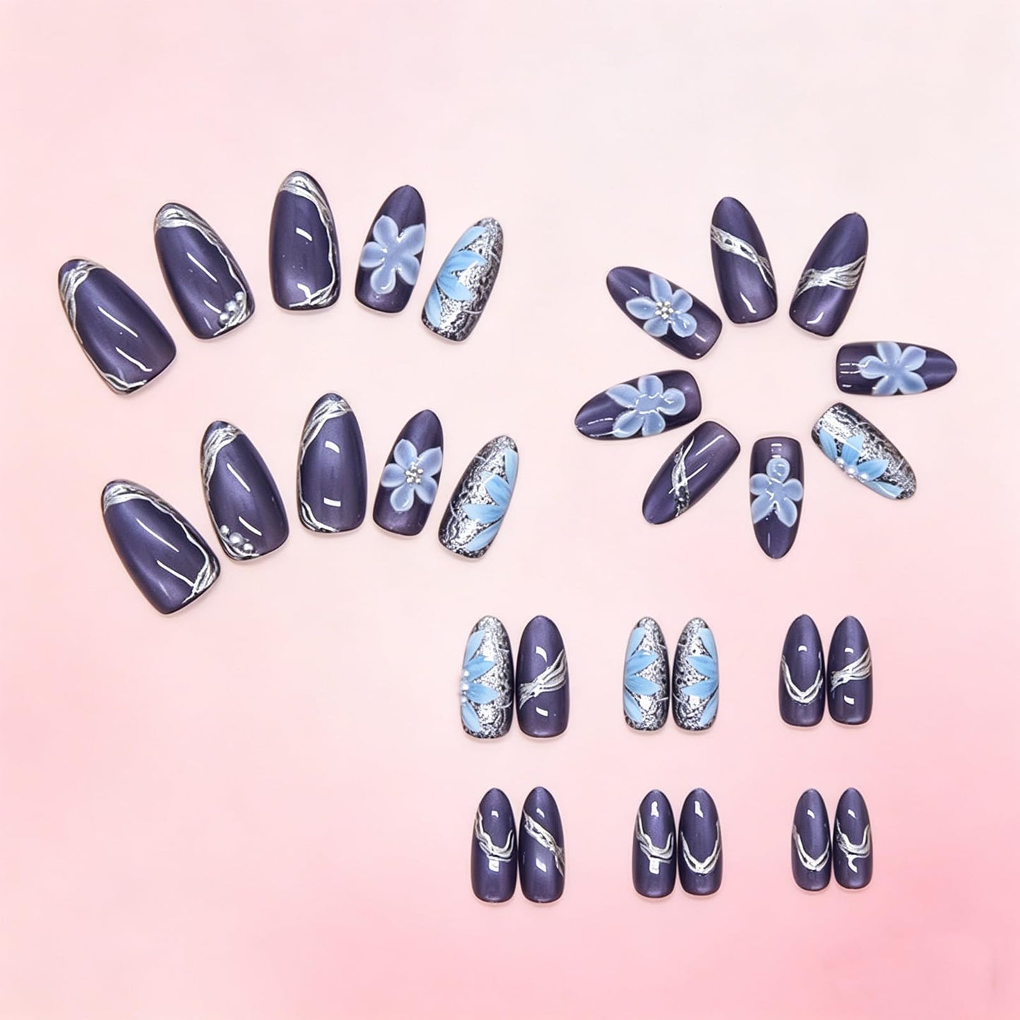 3D Floral Press on Nails Glossy Sparkly Blue Medium Almond Fake Nail Flower False Nails with Silver Glitter Design Curve Line Stick on Nail Pearl Glue on Artificial Fingernails for Women Daily Wear