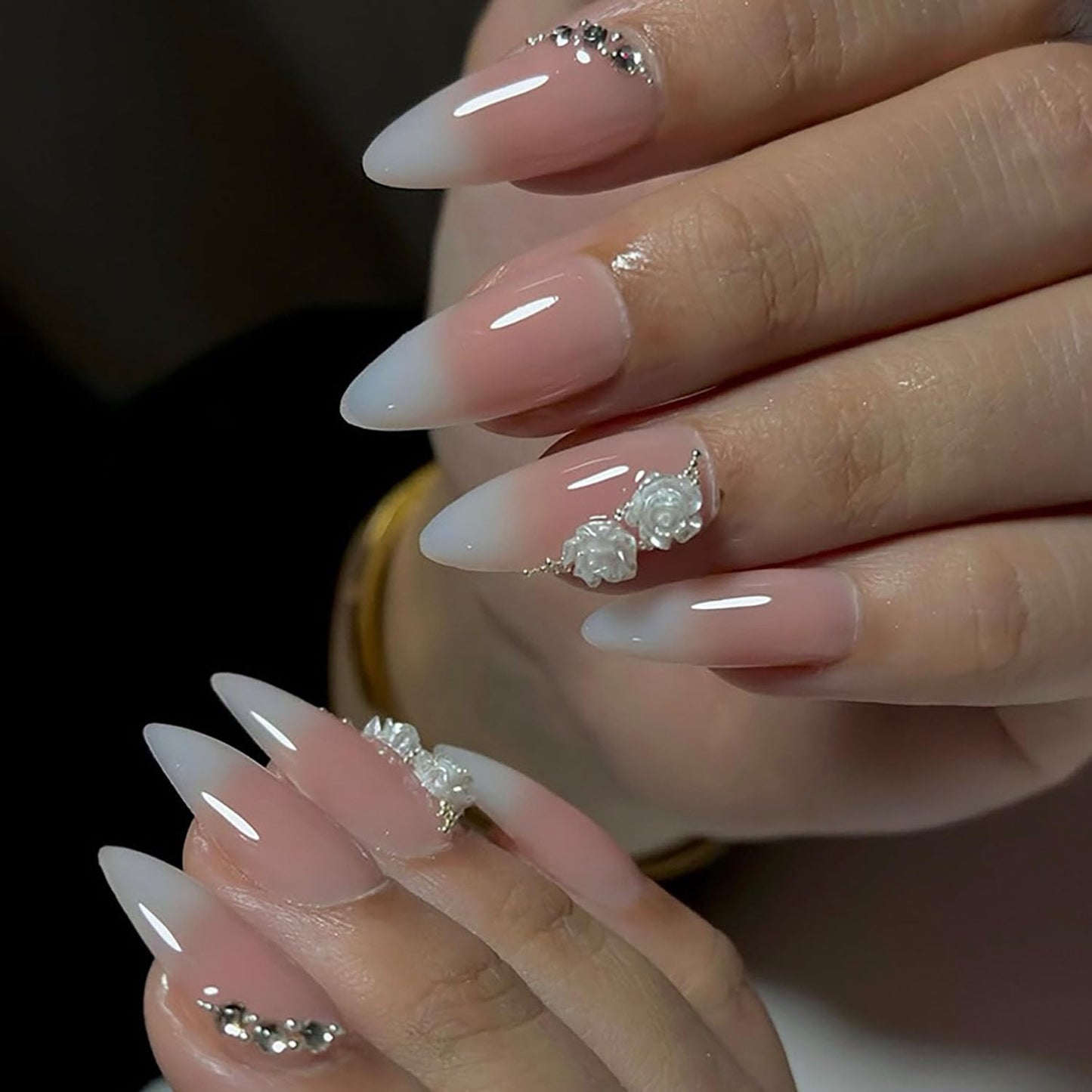 FIEONCIY Press on Almond Nails Short Length Glossy Acrylic Almond Shaped False Nails with Designs Artificial Medium Fake Nails with Charms Glue Stick on Fingernails for Women Girls(WSJ2403)