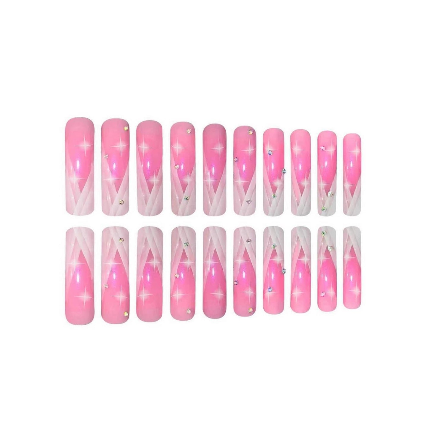 Curved Press on Nail Pink Fake Nails Glitter Acrylic Press ones with Rhinestones designs White French Tip False Nails Glossy Full Cover Cute Stick on Nail Gel Long Square Glue on Nails for Women