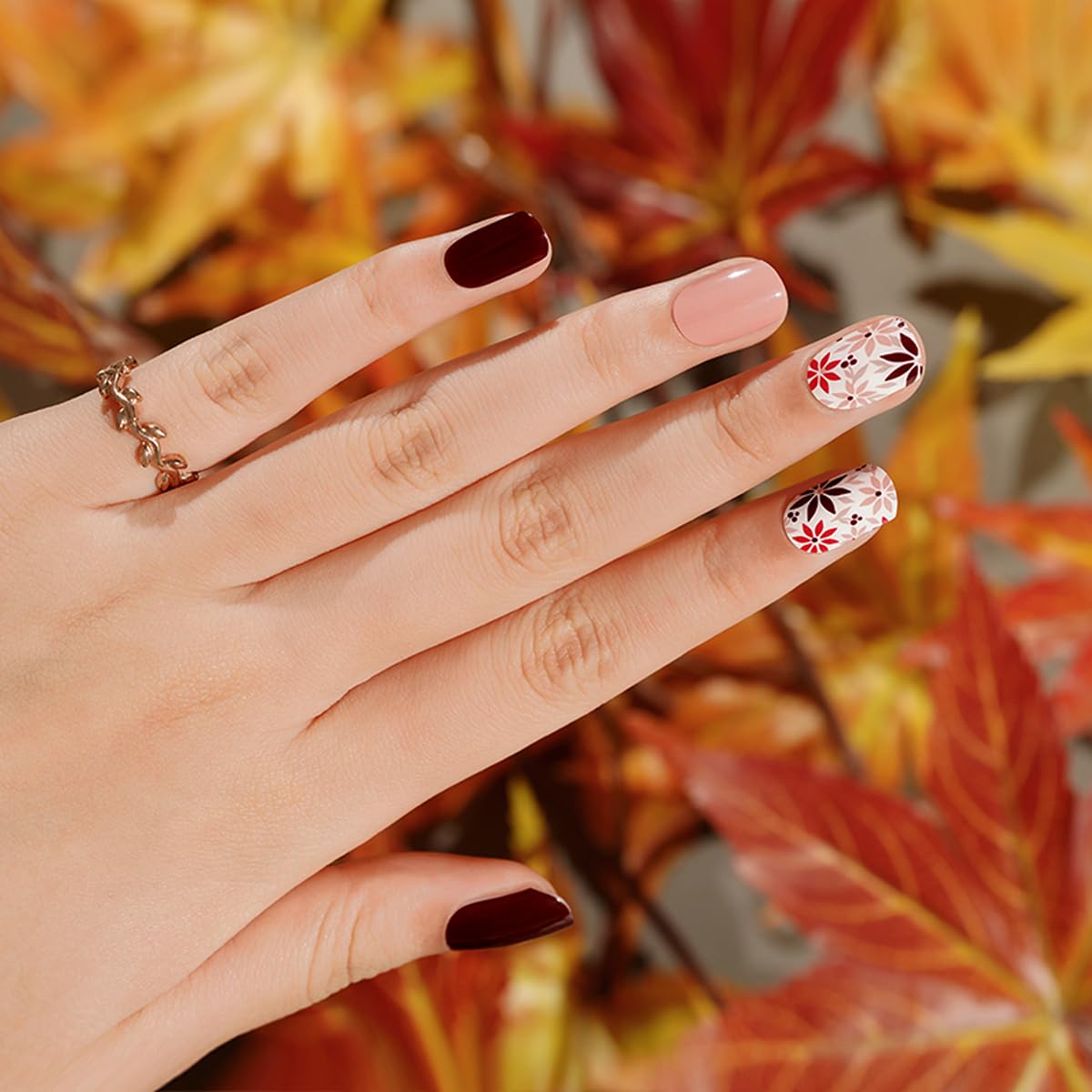 Brown Semi Cured Gel Nail Strips,Gel Nail Stickers with UV/Led Lamp Required,Salon-Quality, Long Lasting, Easy to Apply & Remove,Fall Winter Flower Manicure for Women