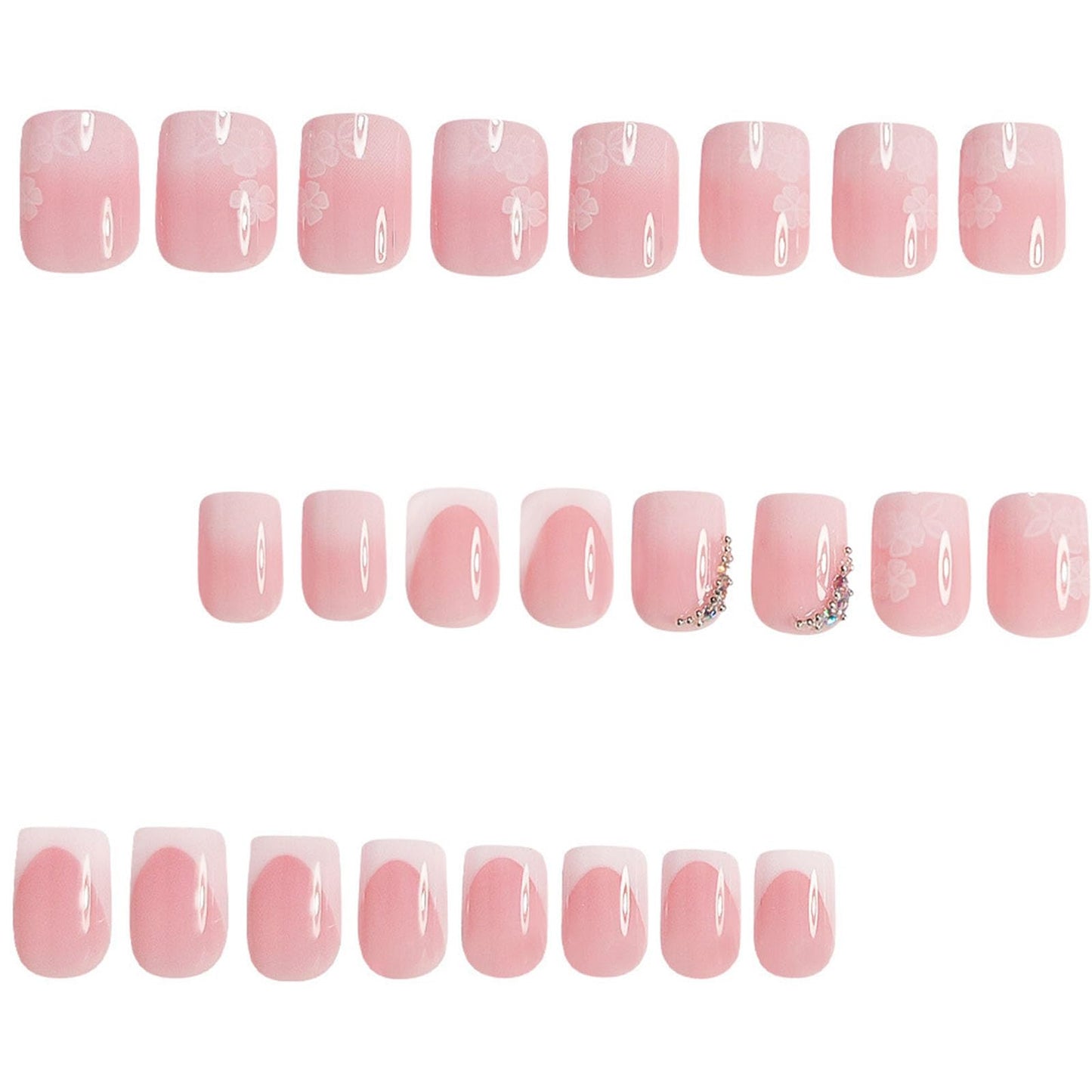 French Tip Press on Nails Short Square Fake Nails with Gradient Rhinestones Flower Designs Nails Press ons Pink White Ombre Glue on Nails Glossy Acrylic Nails Cute Stick on Nails for Women 24Pcs