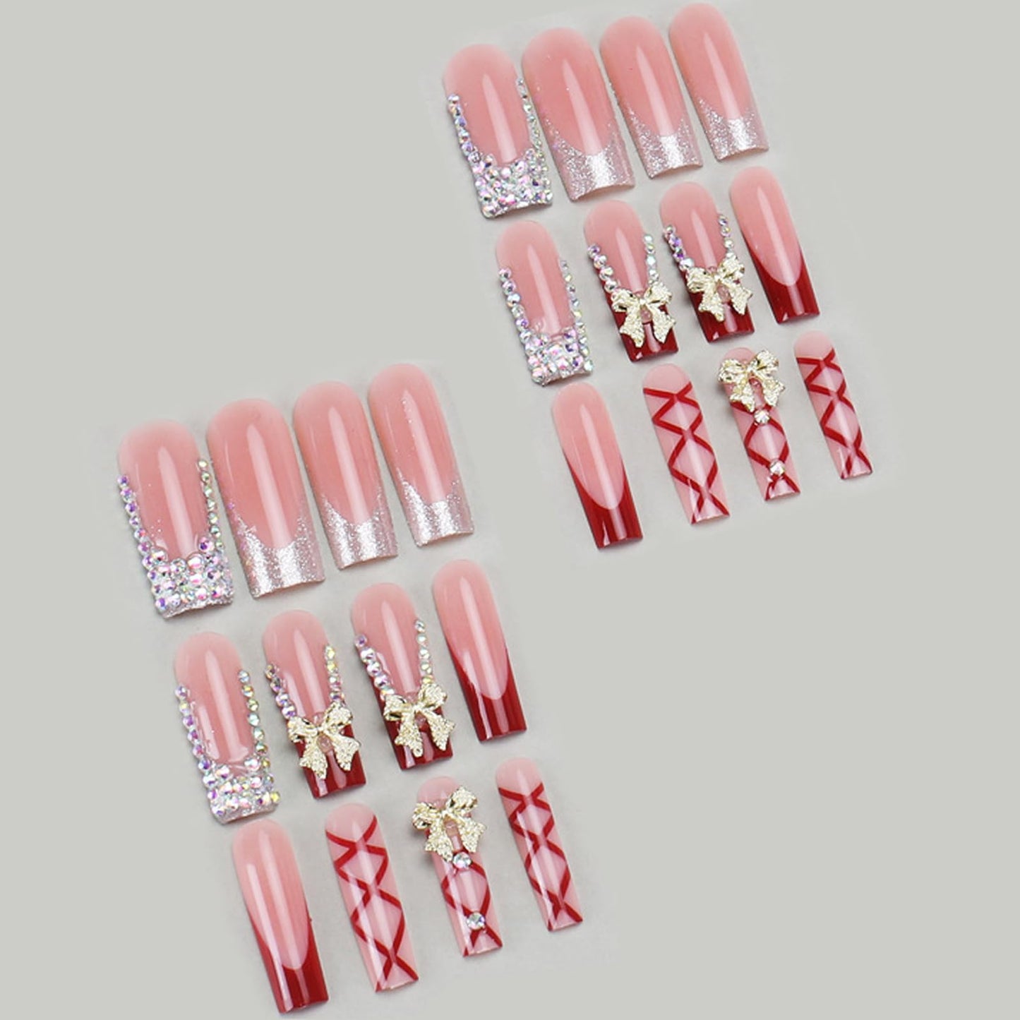 IMRAIN Long Square Press on Nails Rhinestones French Tips Fake Nails with Golden Bow Charms Designs Red Acrylic Glossy False Nails Luxury Glue on Nails for Women Girls