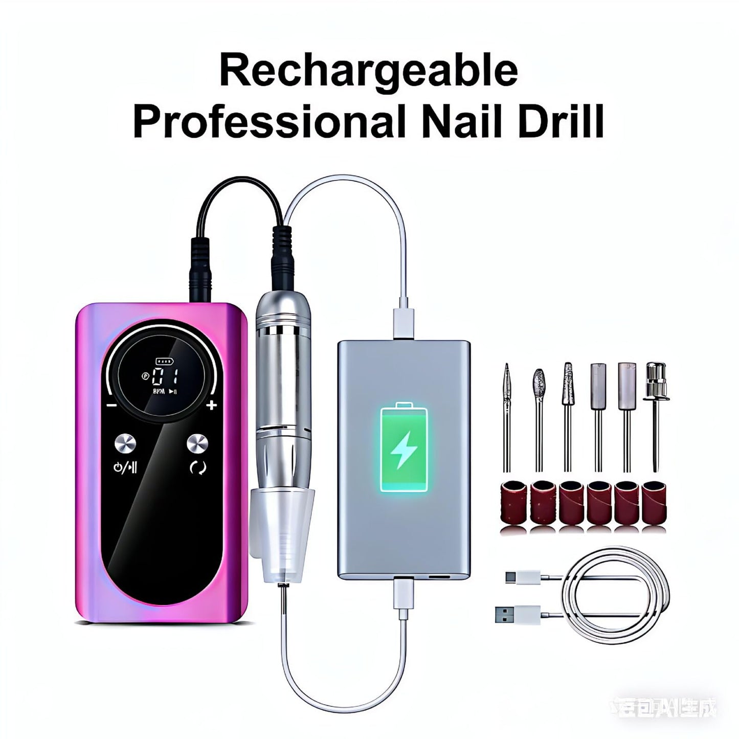 mcdhhemo Nail Drill Machine, Professional 45000RPM Purple Cordless Rechargeable Electric Nail File for Acrylic Nails Removal, Portable Manicure Pedicure Kit for Salon Home Use
