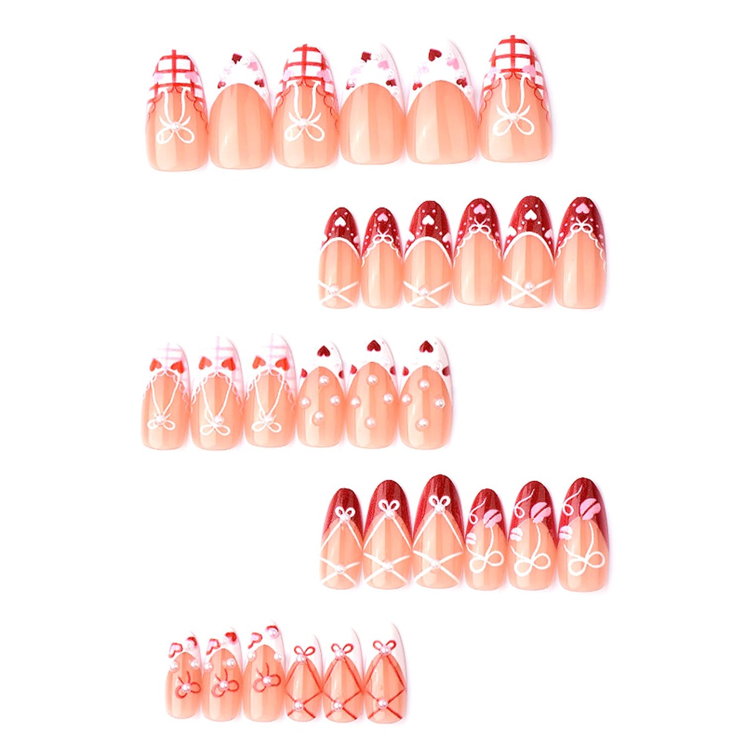 30pcs Valentine's French Tip Press on Nails Medium Almond Fake Nails 3D Exquisite Painted Bow and Heart Nail Art Tips Cute Acrylic Nails Kit Pink Love Pearl Full Cover Glue on Nail for Women DIY