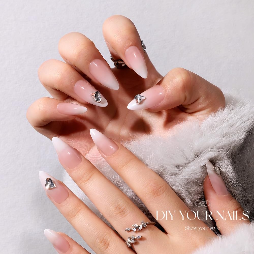 Ombre From Pearly White to Pink Press on Nails Medium Almond Fake Acrylic Nails Set,KQueenest Stiletto Glue on Nails Reusable Gel False Short almond Nails for Girls with UV Coating Manicure in 24 PCS