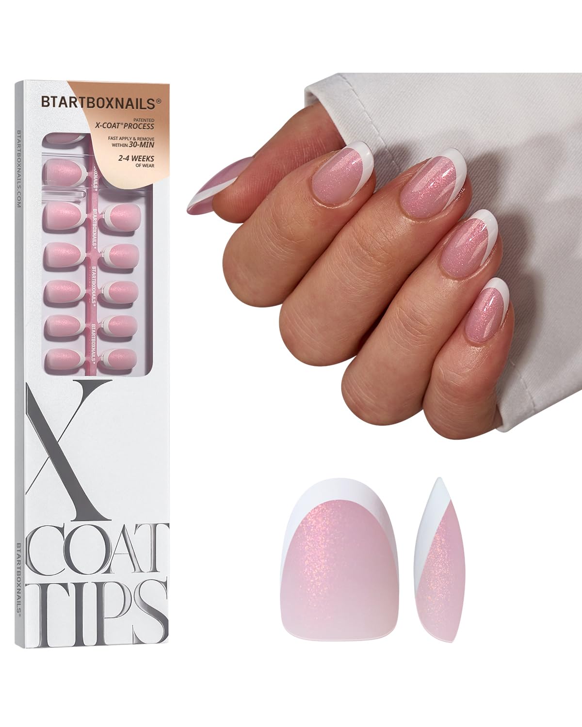 BTArtboxnails XCOATTIPS French Tip Press On Nails - Pink Glitter Base Short Oval Press On Nails, 96 Pcs Salon Quality Soak Off Soft Gel Nail Tips Extension in 16 Sizes