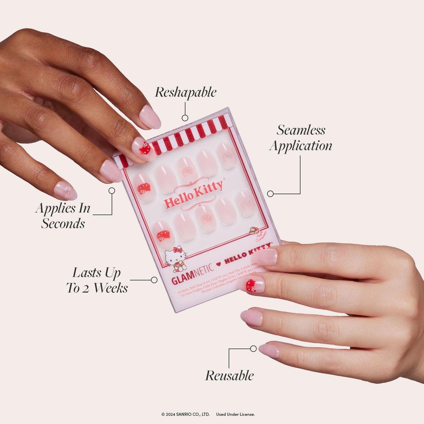 Glamnetic x Hello Kitty® and Friends Press-On Nails Bundle - Hello Kitty® Red & Boba | Short Coffin Red French Tip Fake Nails | Opaque Black Short Almond Nails | Reusable Nail Kit with Glue