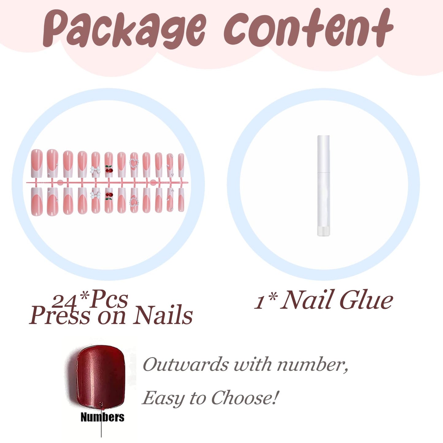 BABALAL Long Square Press on Nails, White French Tip Heart Bow Cherry Charm Acrylic Nails Squoval Glue on Nails 24 Pieces