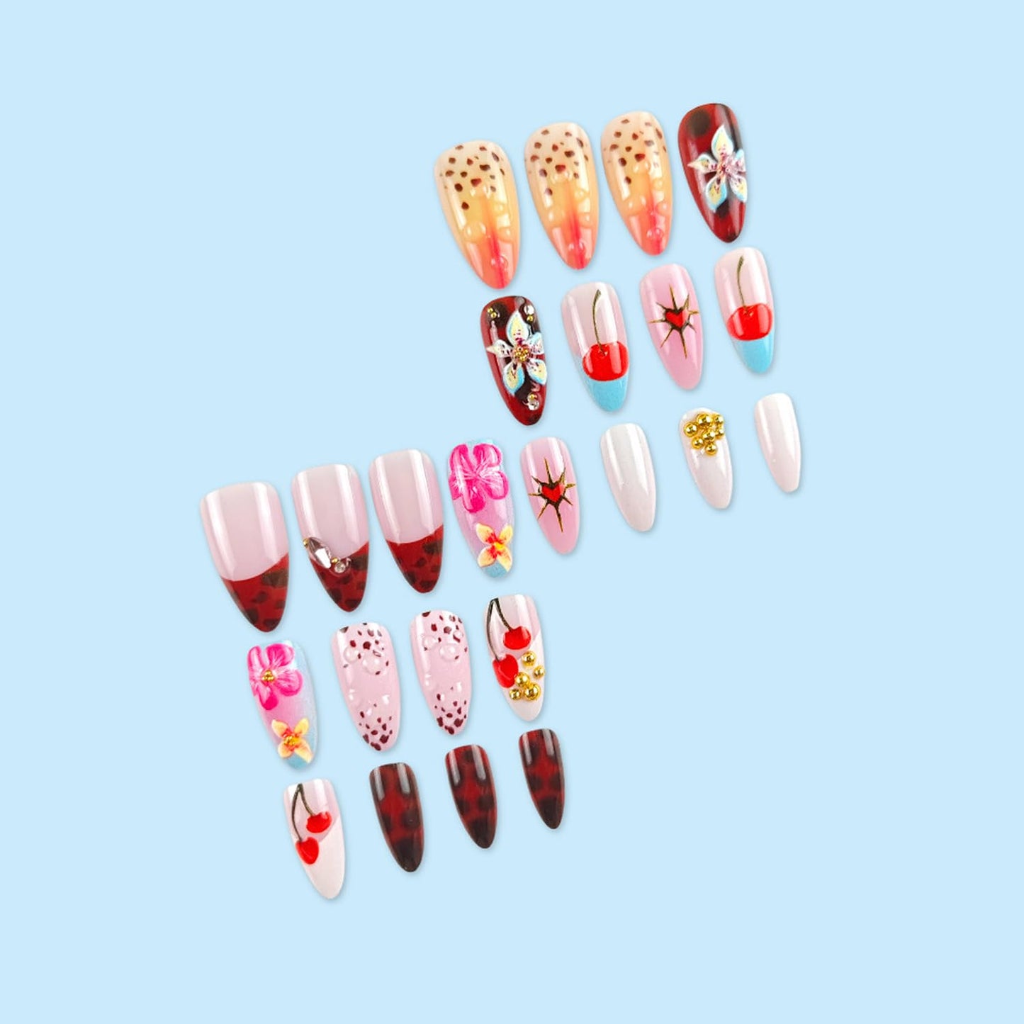 24pcs French Tip Press on Nails Medium Length Flower Embossed Fake Nails Cherry Design Glossy Almond False Nails Full Cover Press ons Simple Fashion Nail Tips Rhinestones Nails for Women