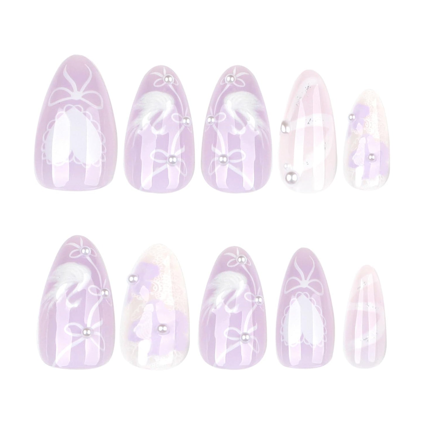 3D White Swan Press on Nails Short Almond Fake Nails Cute Flowers False Nails with Peals Charms Designs Nails White Bow Heart Acrylic Nails Purple Full Cover Stick on Nails for Women Nails Decor 24Pcs